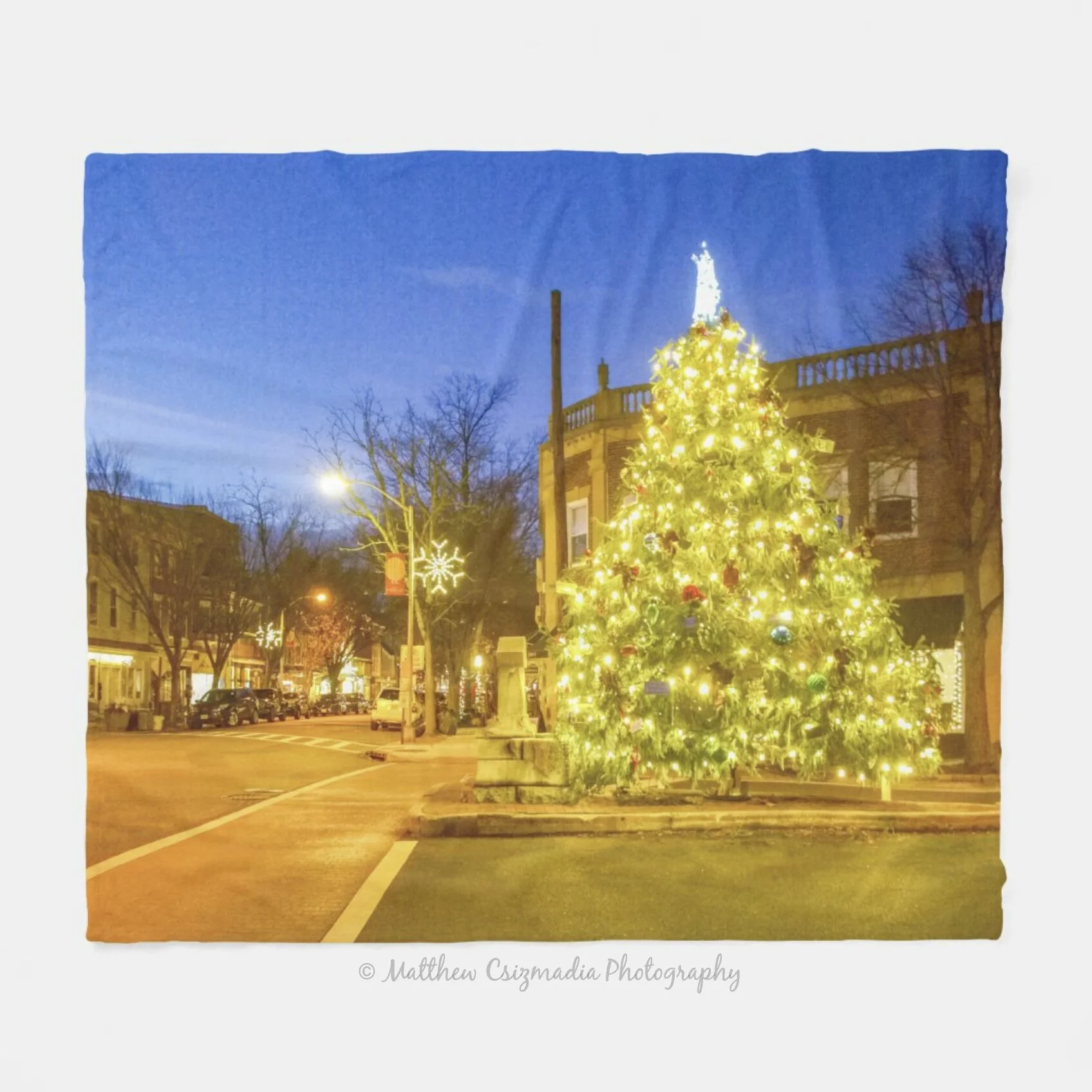 BordentownCityEveningChristmasTreeFleeceBlanketWM.jpg