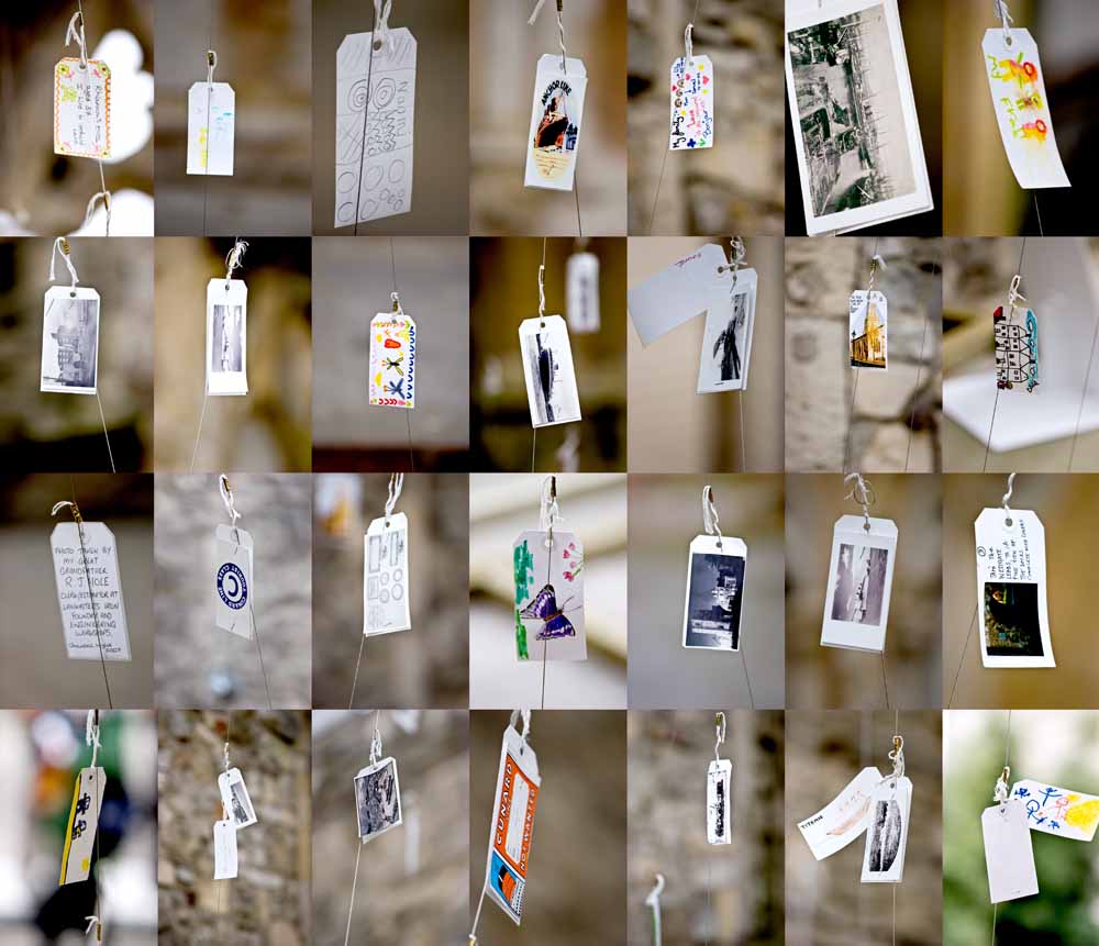 Precipitate is one of a series of temporary Artworks unusually delivered as part of a Section 106 Agreement with Southampton City Council and Linden Homes. It combines 2nd World War leaflet drops with the luggage labels of the big cruise liners and imported goods. Local school children created their own personal labels including their name and country of origin, and these were assembled as a descending cloud within the old Holyrood Church ruins, itself bombed during WW2. photography Rod Varley