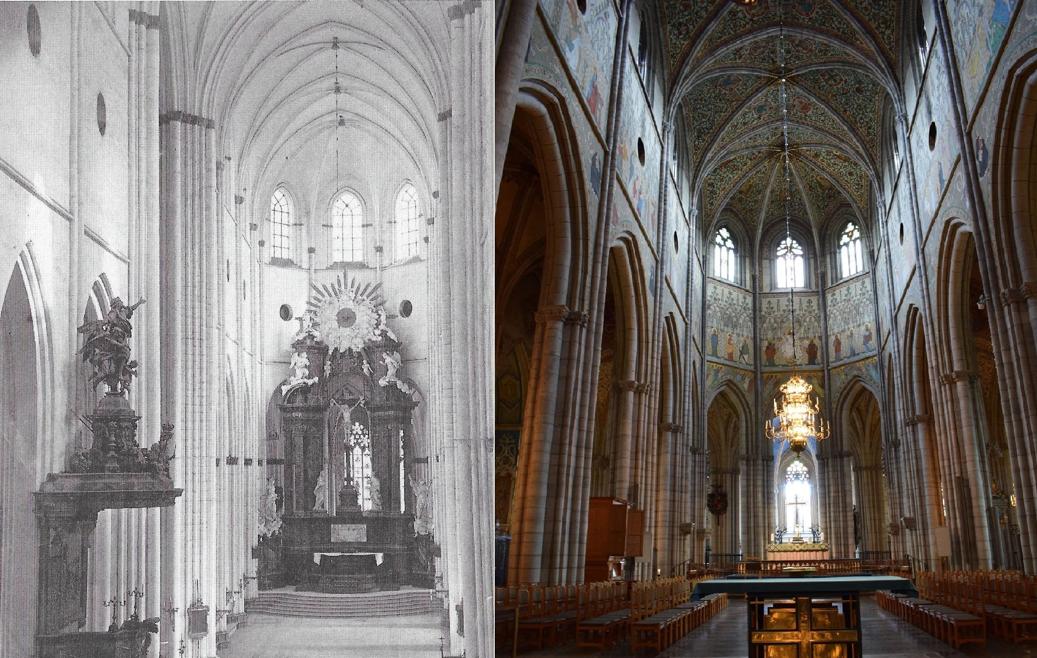 baroque altar (photo from 1873) and present altar (photo 2017)