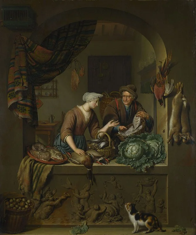 Willem van Mieris - A Woman and a Fish Pedlar in a Kitchen