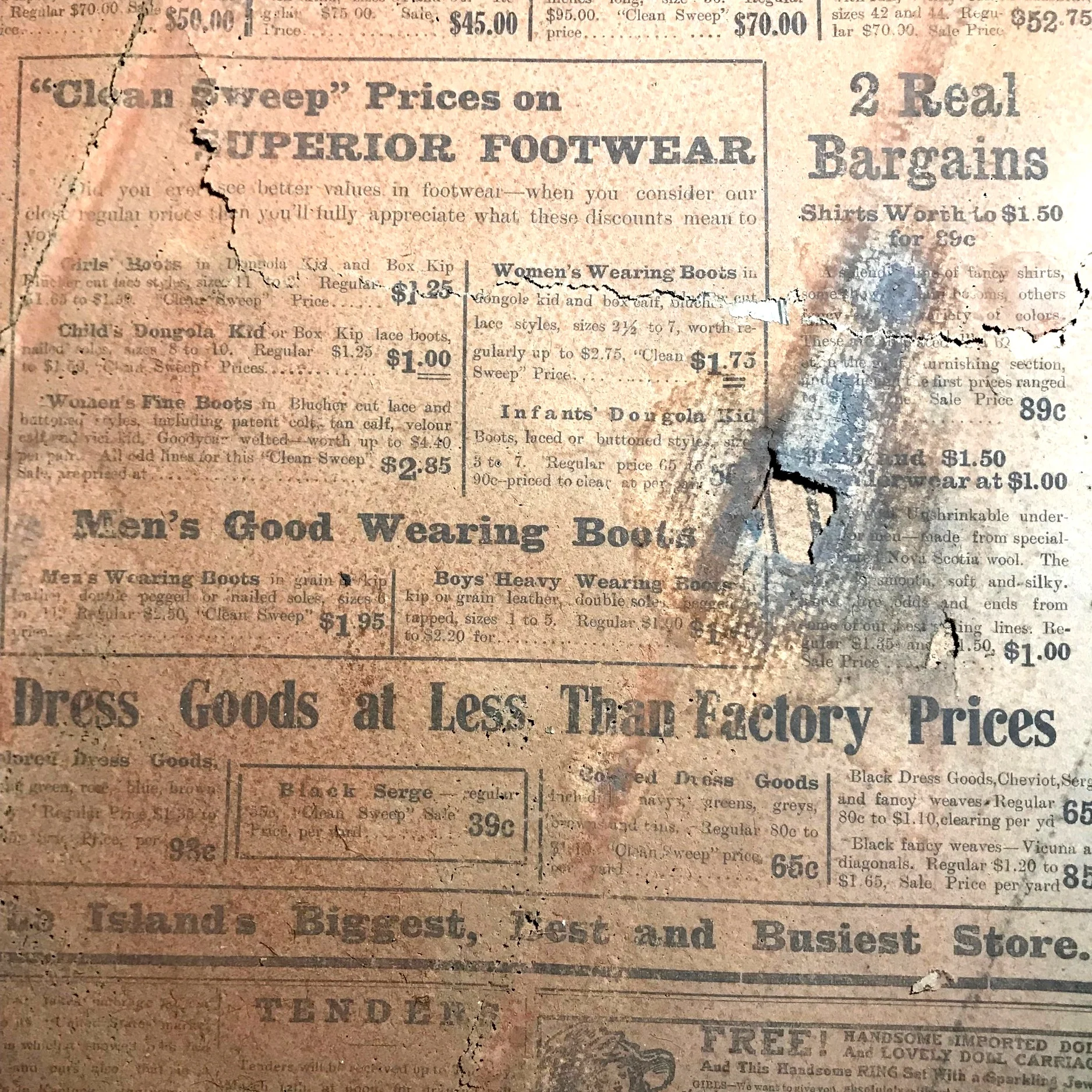 Some of the advertisements from a 1912 newspaper that Tristan found under floorboards.