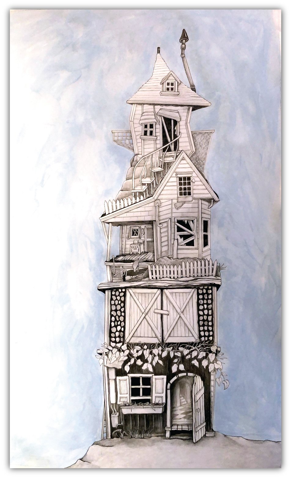 5.  Tower House | 40" x 28" | Pencil &amp; Wash on Arches Paper