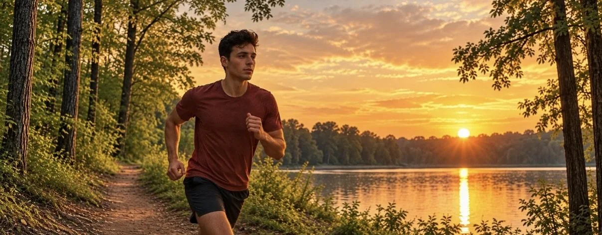 “Runner on a wooded path beside a lake at sunset, representing the Christian life as a race.”