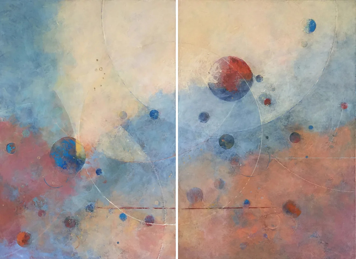 CONNECTED Our circles of connectedness reveal themselves in the Universe, variously colored, big and small, , obscured and clear, near and far, complete and broken. Overlaid by the whole and of the whole, appearing grounded yet the grounding an illusion as well — all pure energy, at once peaceful and content, curious and inspired. 44 x 60" | Diptych on Canvas | 5,550 SOLD