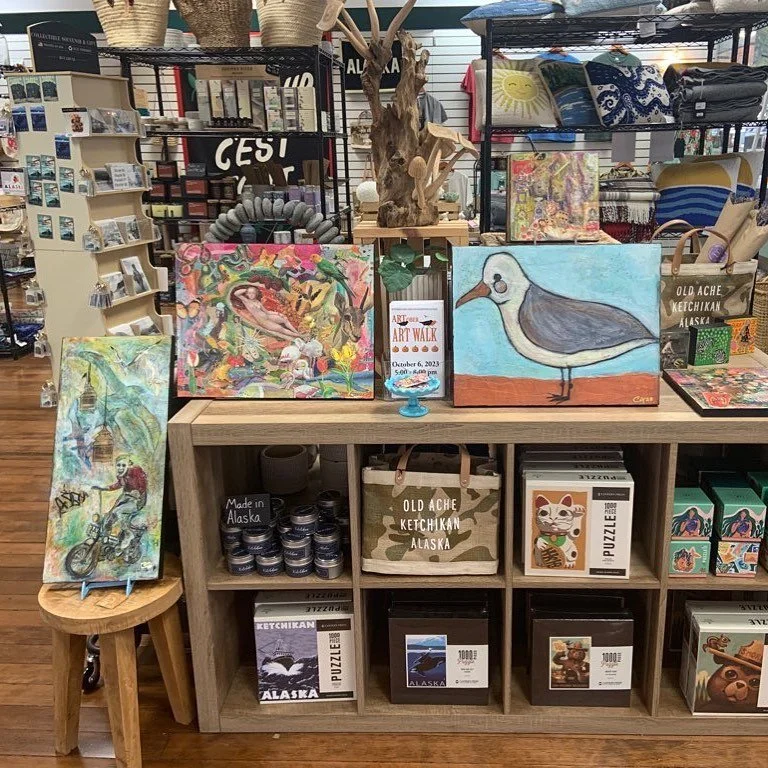 All three shops are open for the @ketchikan_arts_council Art Walk tonight!⁣
⁣
We&rsquo;ve got new originals from @cameoappearance at @old.ache.alaska and @niblicksgeneralstore 
⁣
And there&rsquo;s new pottery from @aeronautdesigns at @ketchikandrygoo