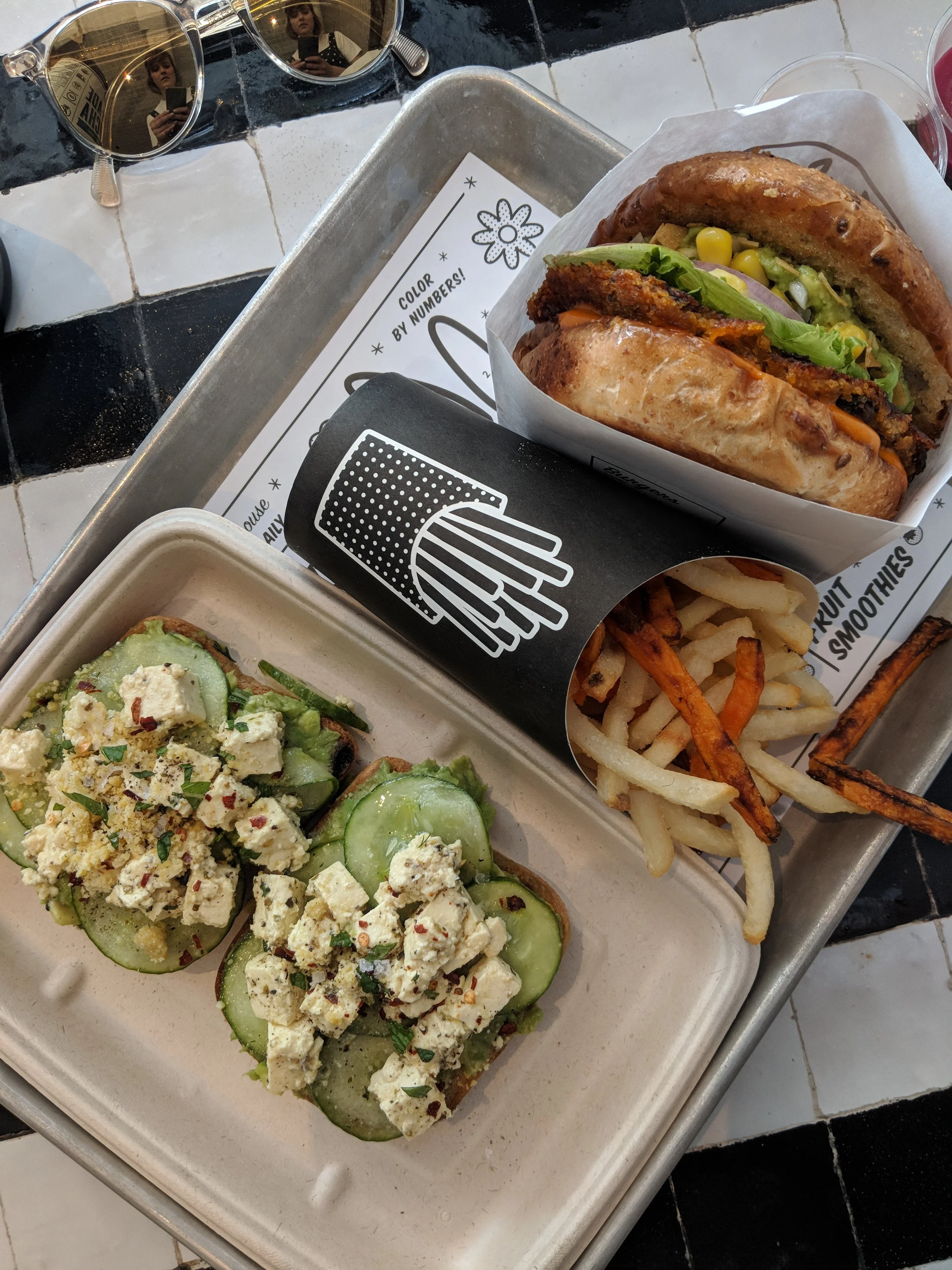 Guac burger, avo toast and fries from by CHLOE