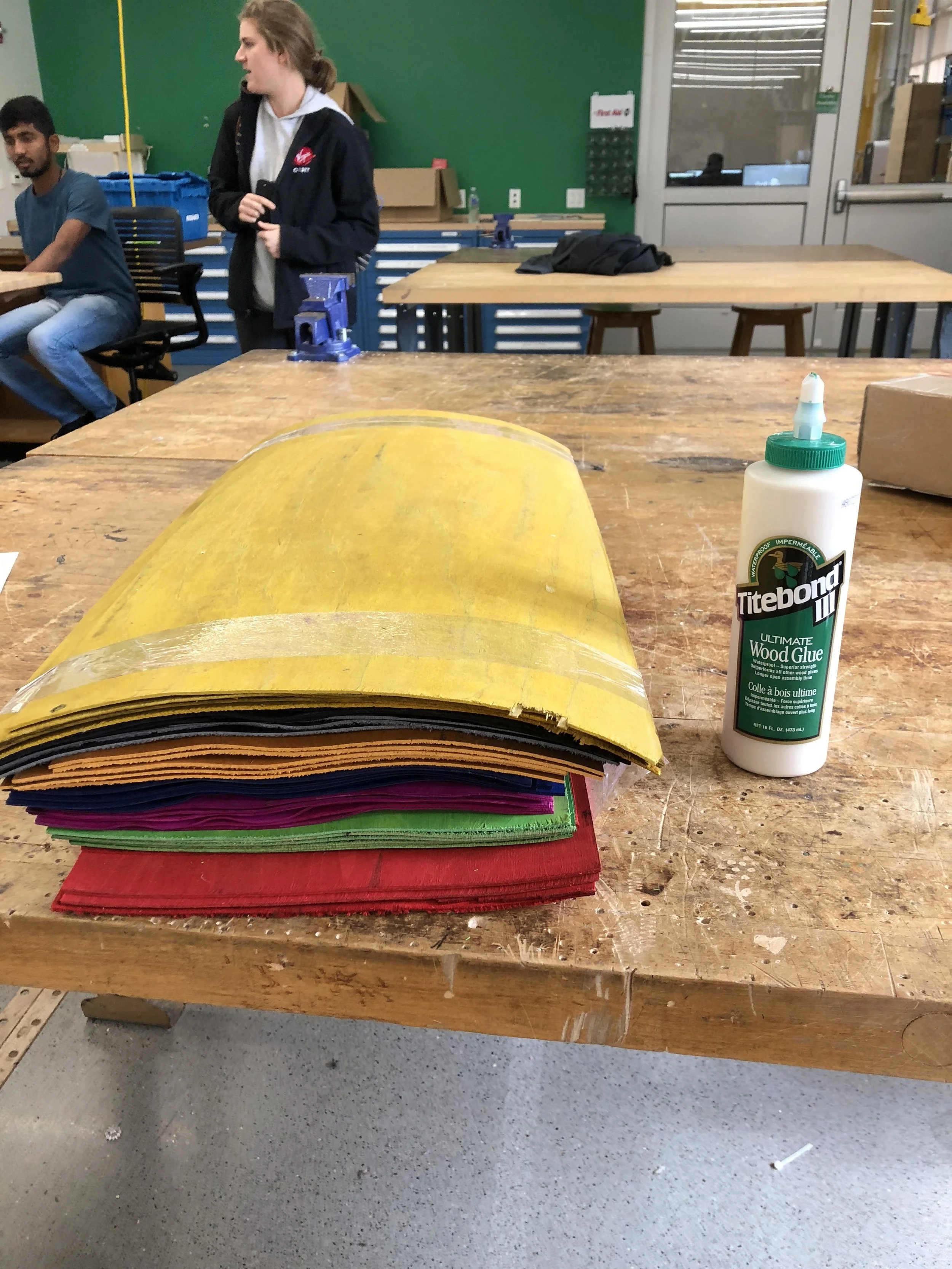 The raw material is 1/16in maple veneer. Each piece is dyed already so I just chose the color stack that I liked