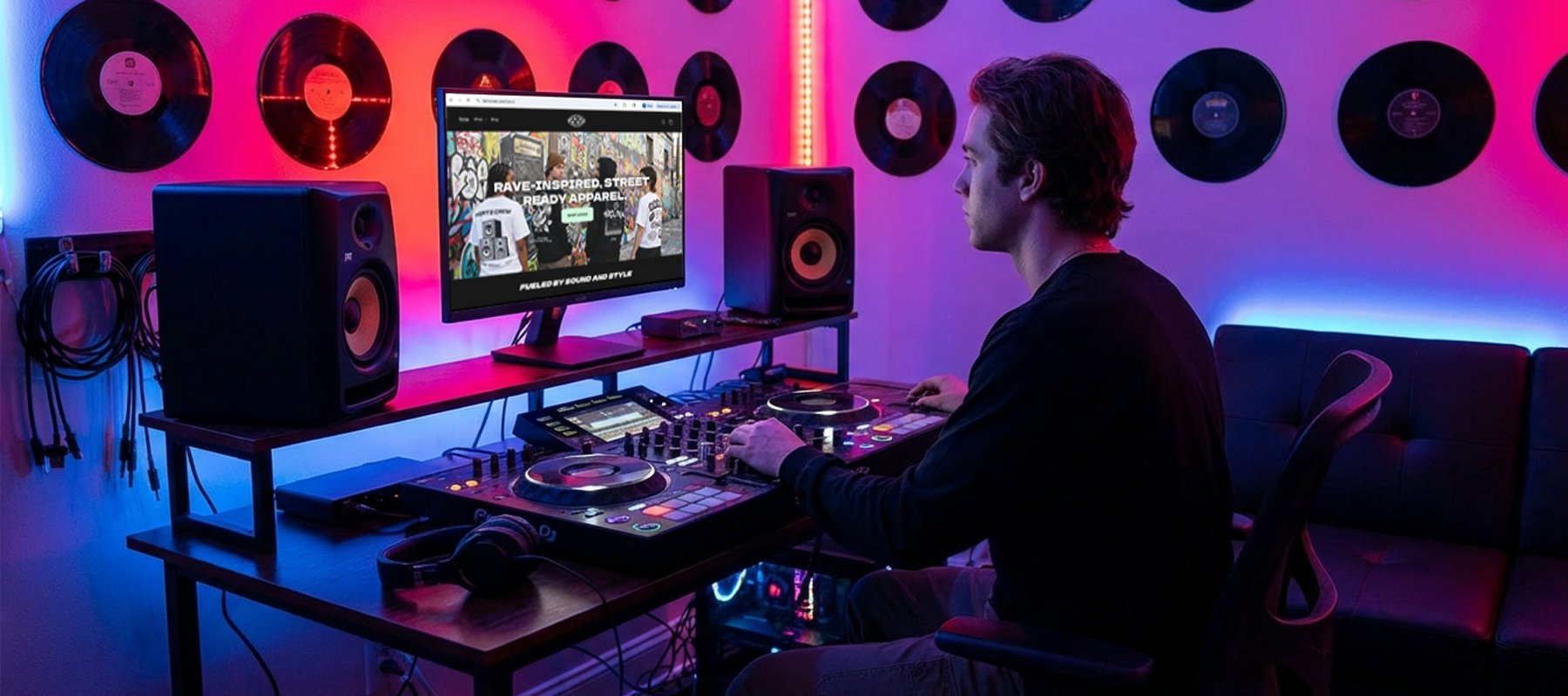 man in home dj studio looking at hertz crew website on computer display