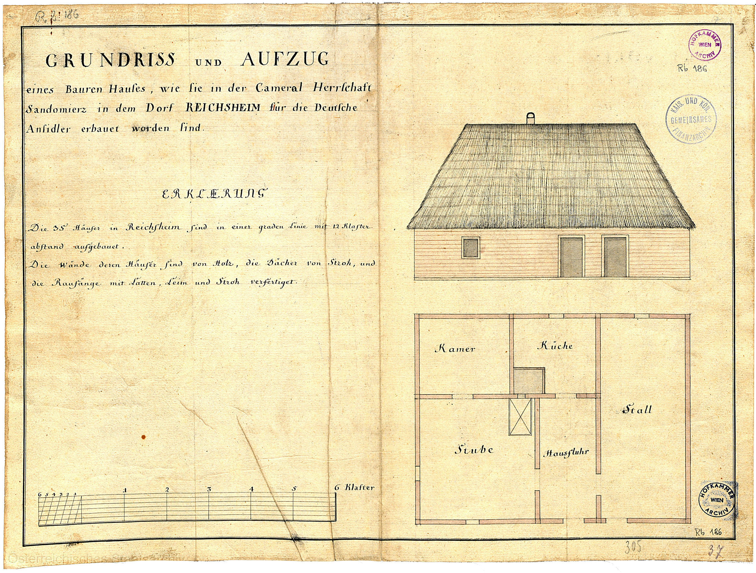 Floor plan and vertical section of a standard colony house in Galicia, 1784