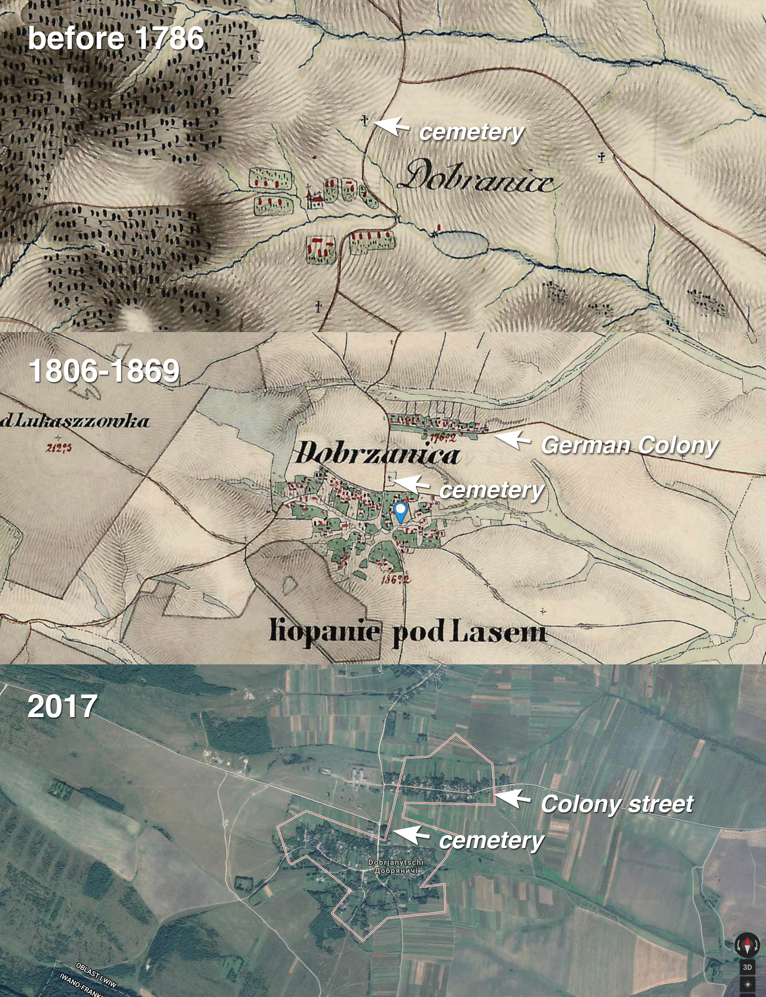 Maps of the German Colony in Dobrianychi (Galicia) which was founded in 1786.