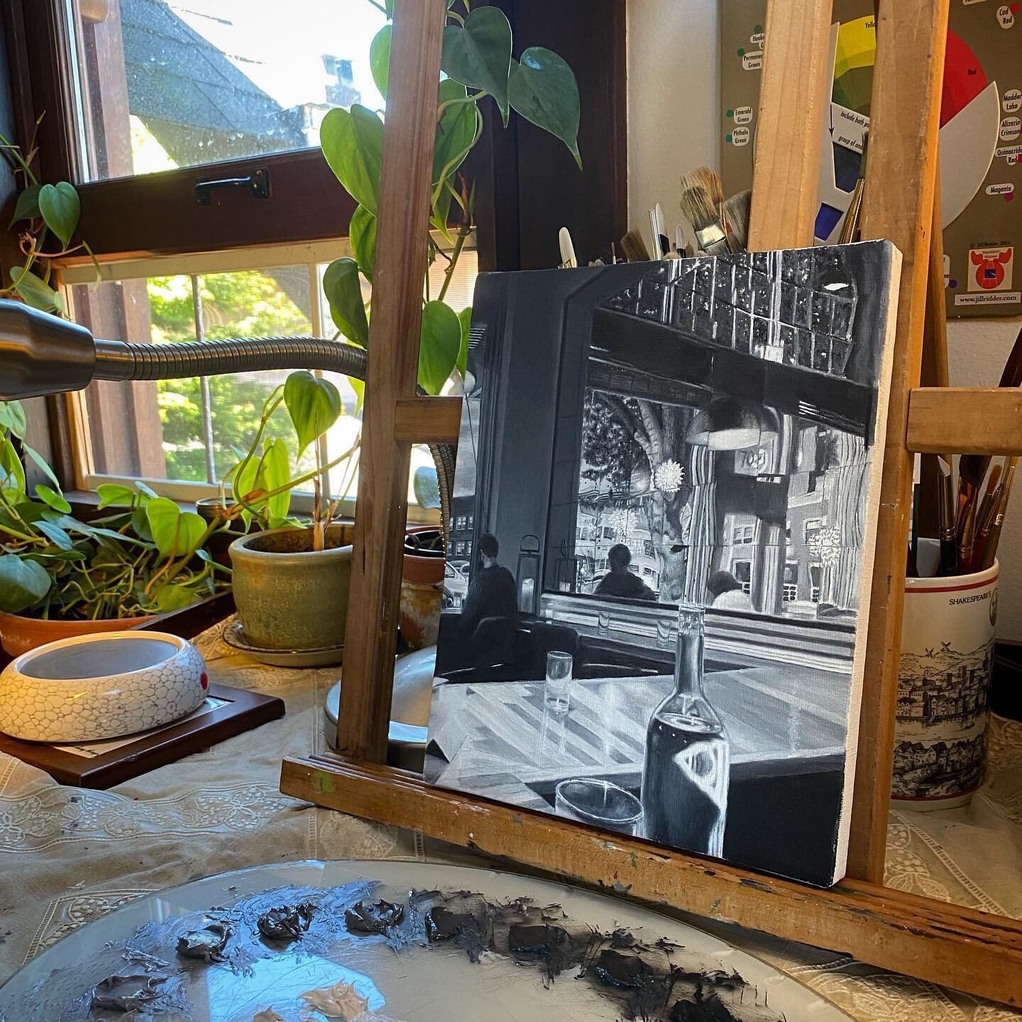Working on the second layer starting from the left and correcting things as I go (you can see the tree branch in the mirror is darker, soon the rest will match :) )