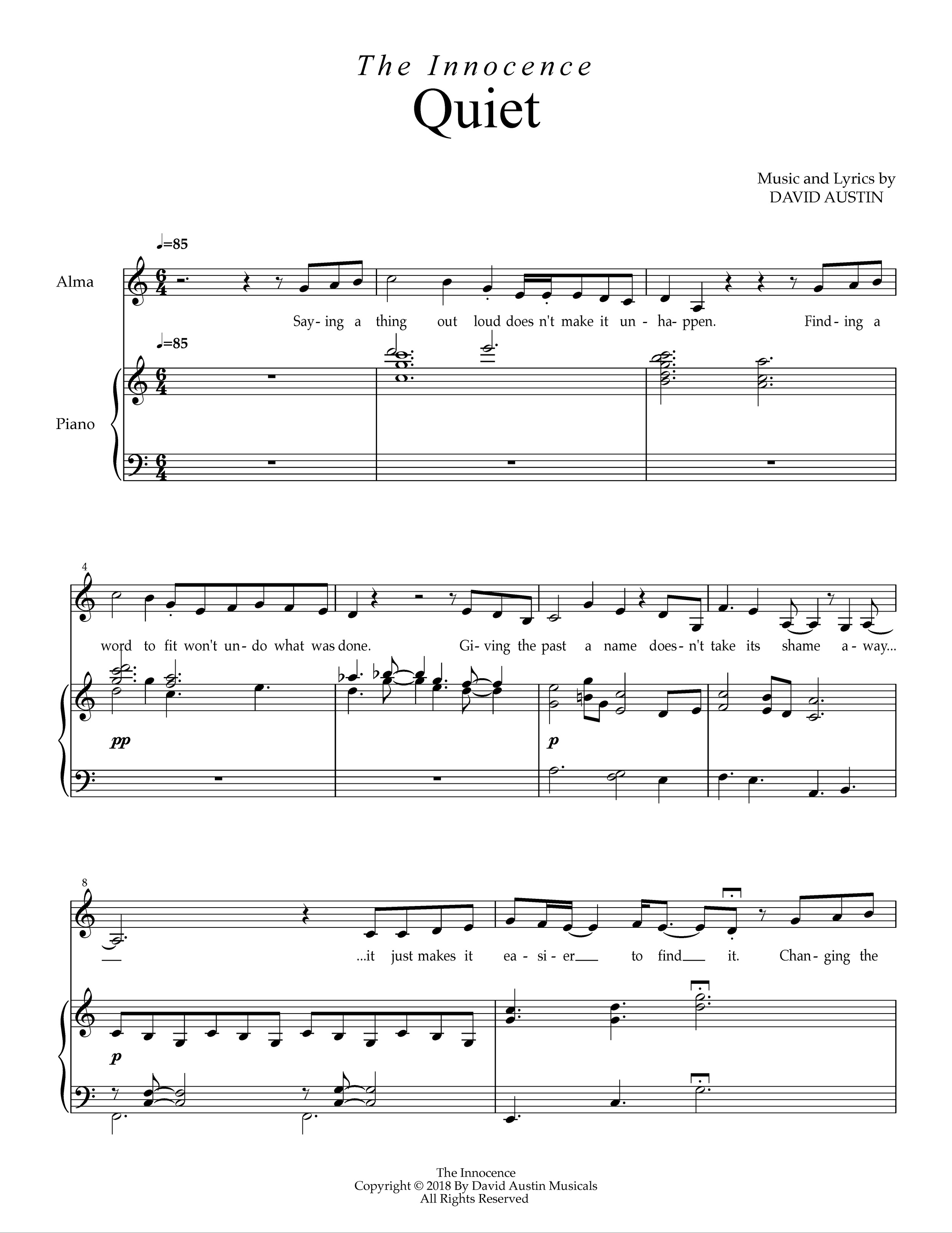 Sheet Music: "Quiet" from "The Innocence", a musical by composer/lyricist David Austin