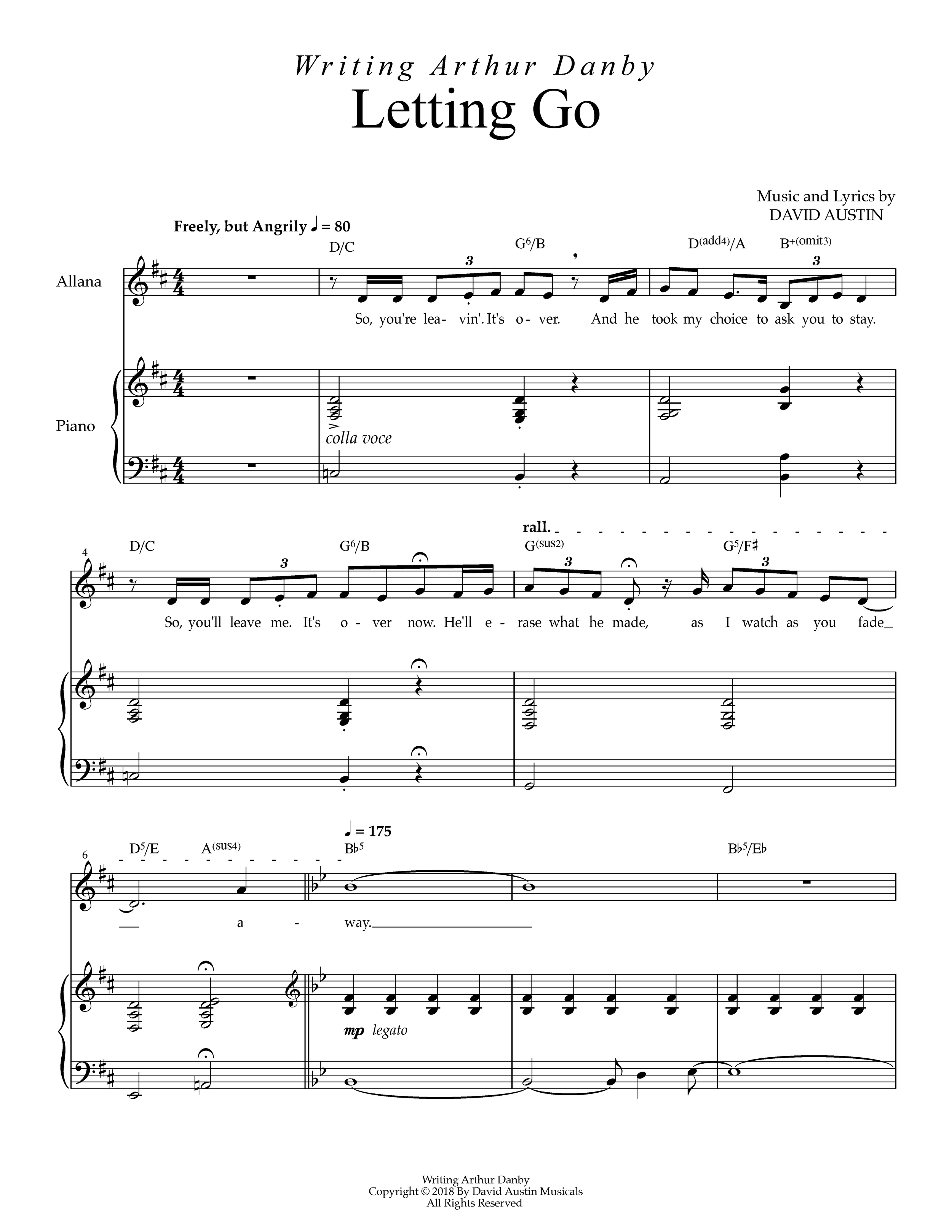 Sheet Music: "Letting Go" from "Writing Arthur Danby", a musical by composer/lyricist David Austin