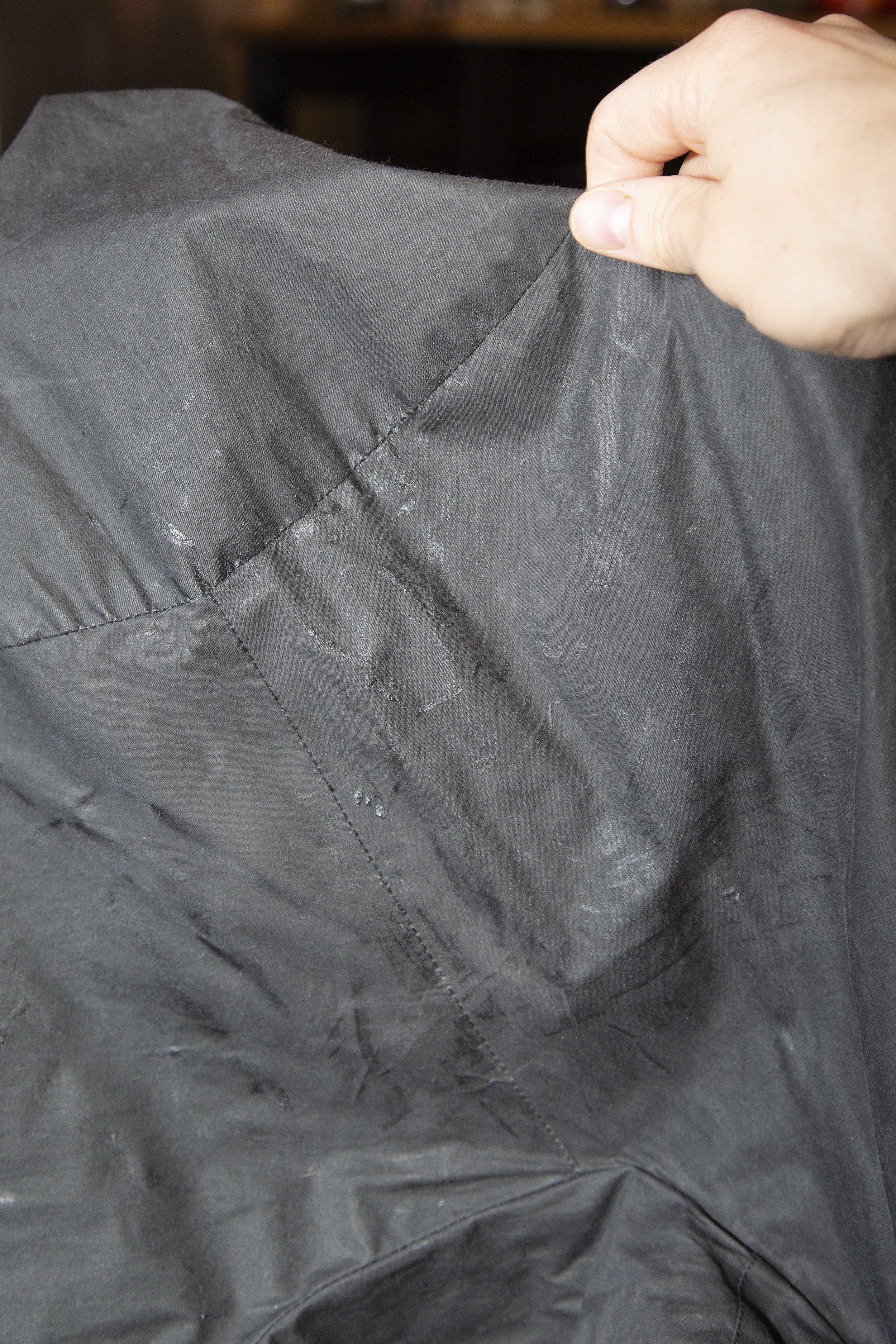 4. The waxed fabric after it has been melted and infused using the blow dryer. Hold the waxed cotton up and away from the lining while blow drying.