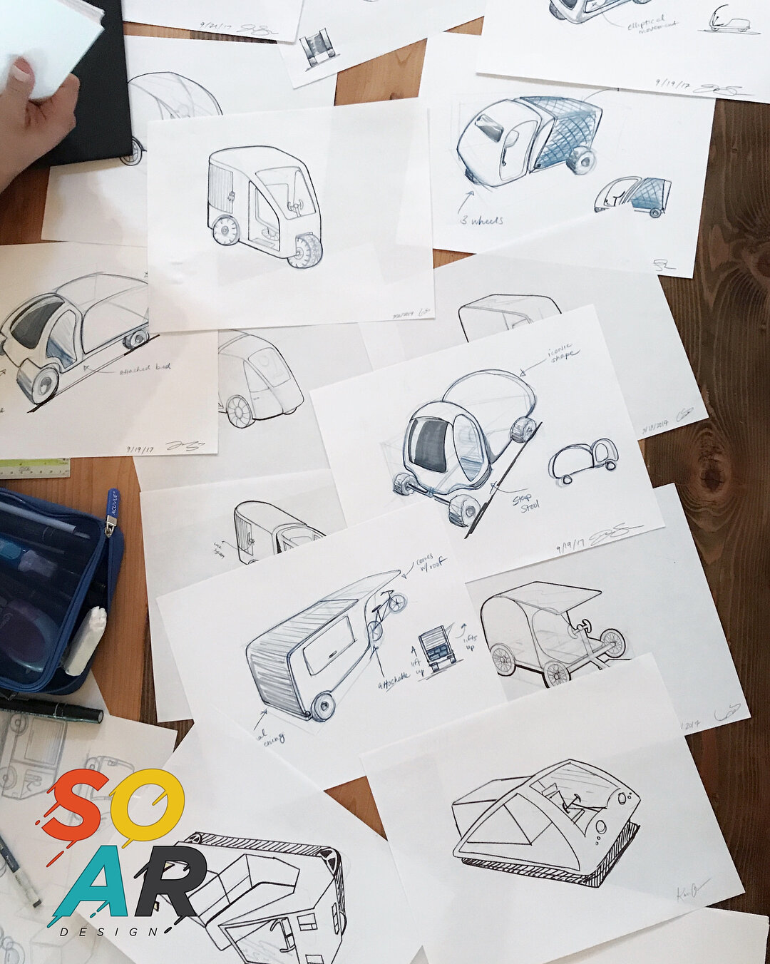 A little pre-weekend concept brainstorming. My group, SOAR Design, is designing a new concept for a man-powered delivery vehicle for #amazonprime . Here&rsquo;s also a close up of our logo I designed. Our last names make up the word Soar! 
#industria
