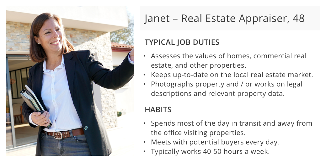The target persona was Janet, a 48-year-old real estate appraiser, who spends most of the day in transit away from the office.