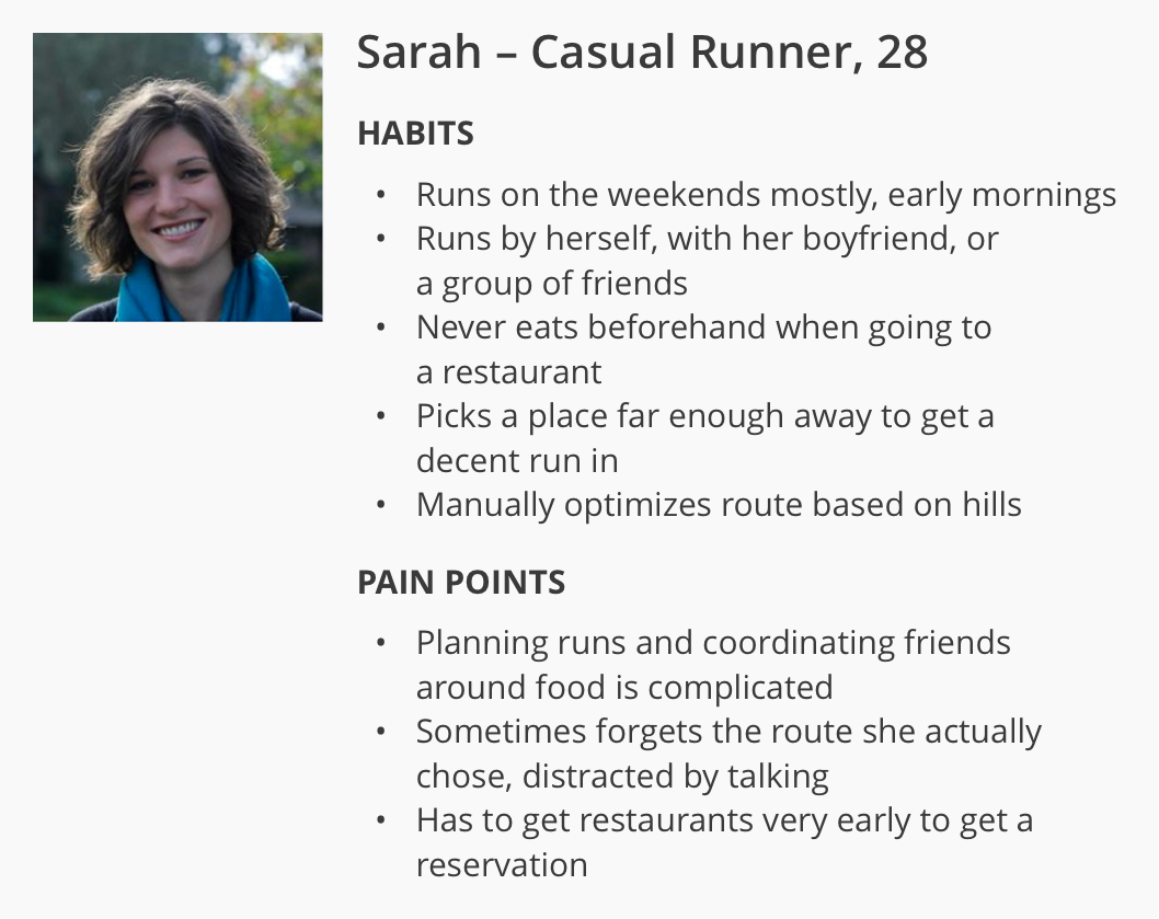The target persona was Sarah, a 28-year-old casual runner and socialite.