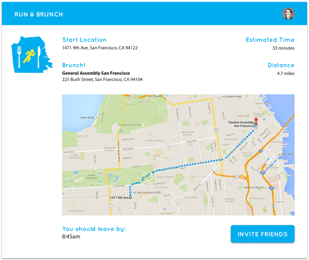 Main screen of the app, showing start and end points of the run with the brunch destination selected.