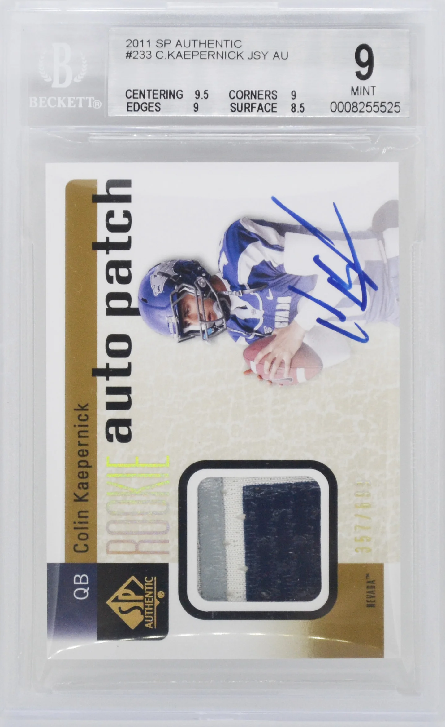 2011 SP Authentic Colin Kaepernick RPA Rookie Patch Auto RC BGS 9 Mint