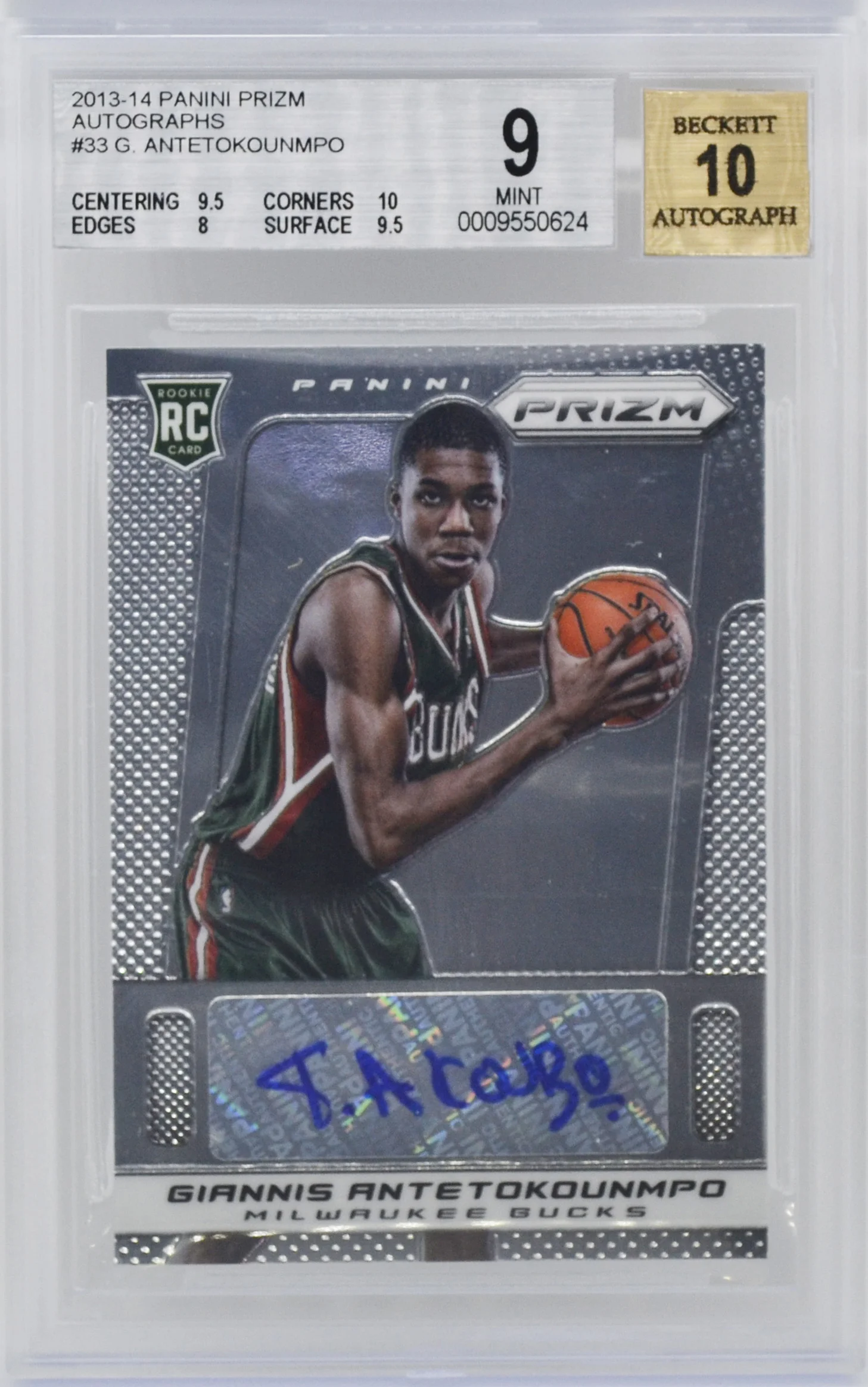 2013-14 Giannis Antetokounmpo Panini Prizm RC Rookie Auto #33 BGS 9