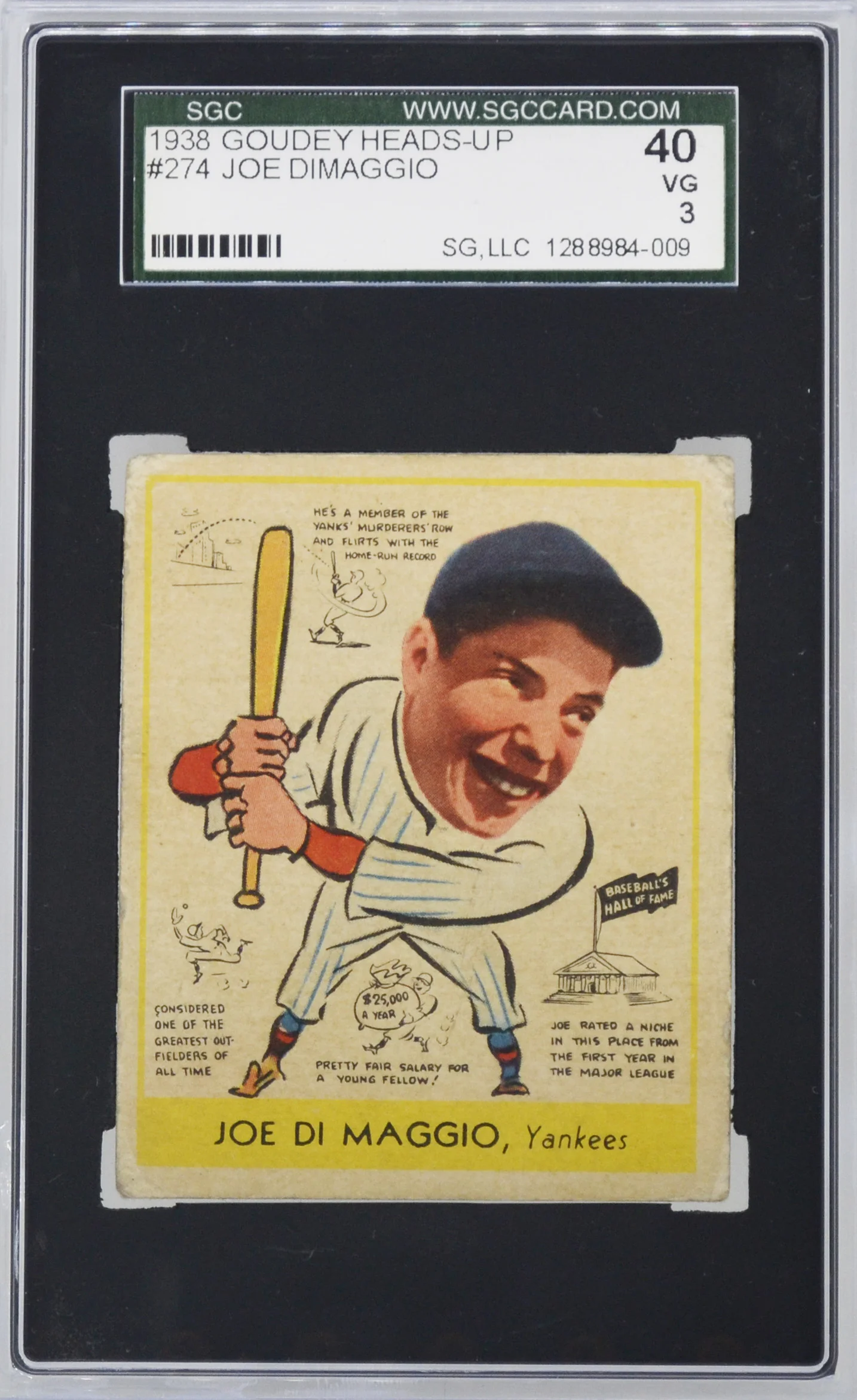 1938 Goudey Heads Up Joe DiMaggio #274 Rookie Card RC SGC 40 VG 3