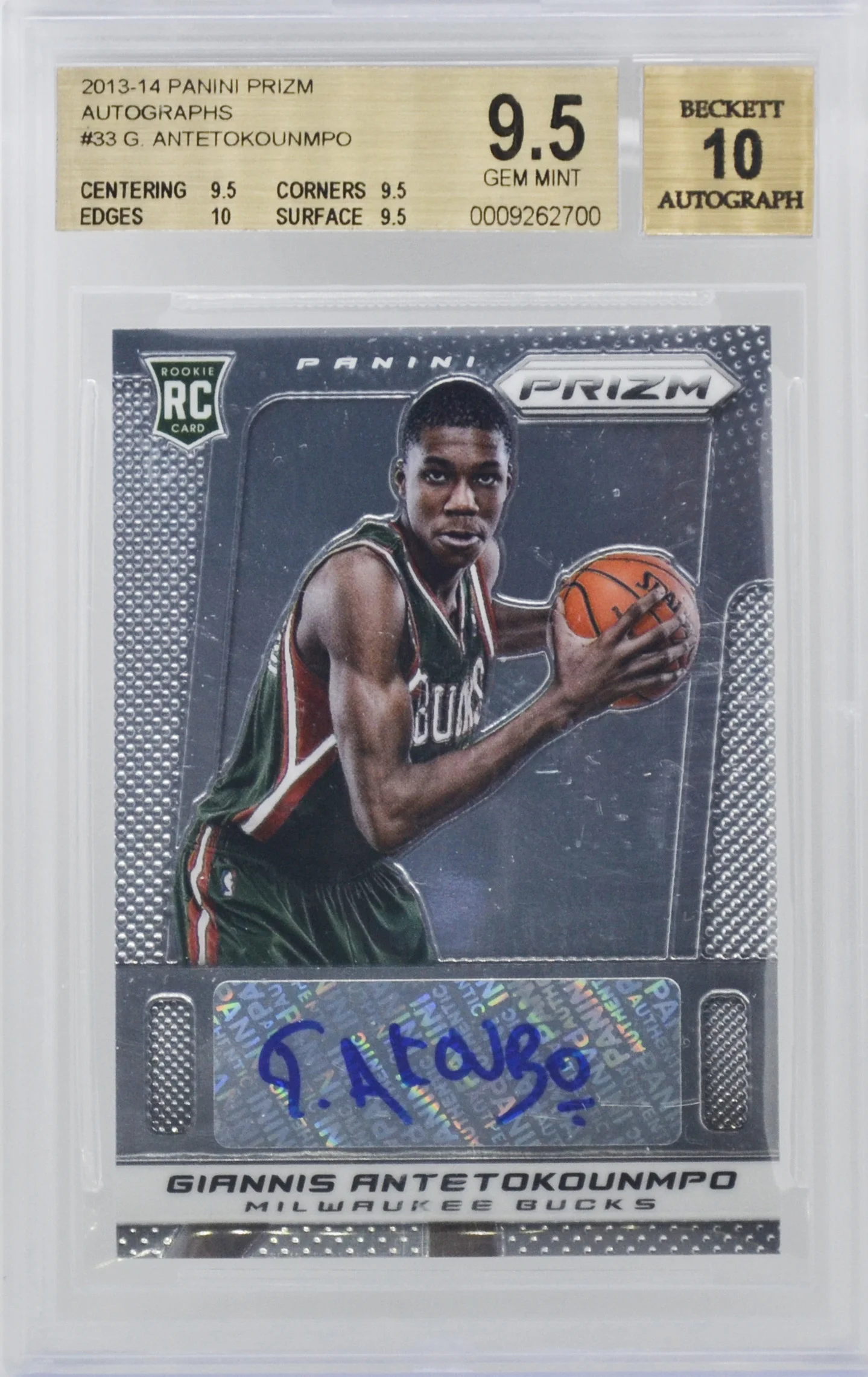 2013-14 Panini Prizm Giannis Antetokounmpo RC Auto BGS 9.5 GEM Mint