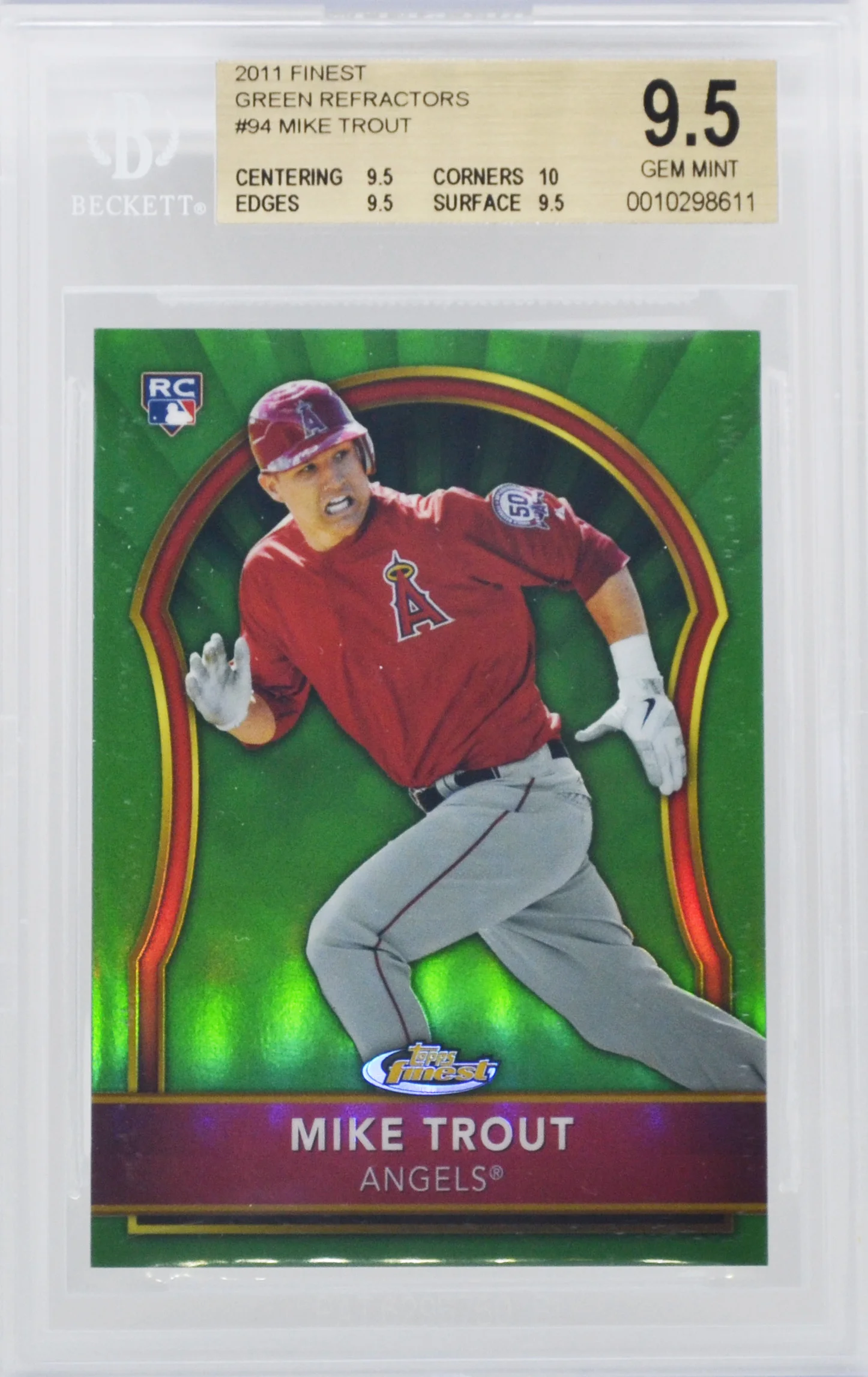 2011 Topps Finest Mike Trout Green Refractor Rookie Card /199 BGS 9.5 Gem