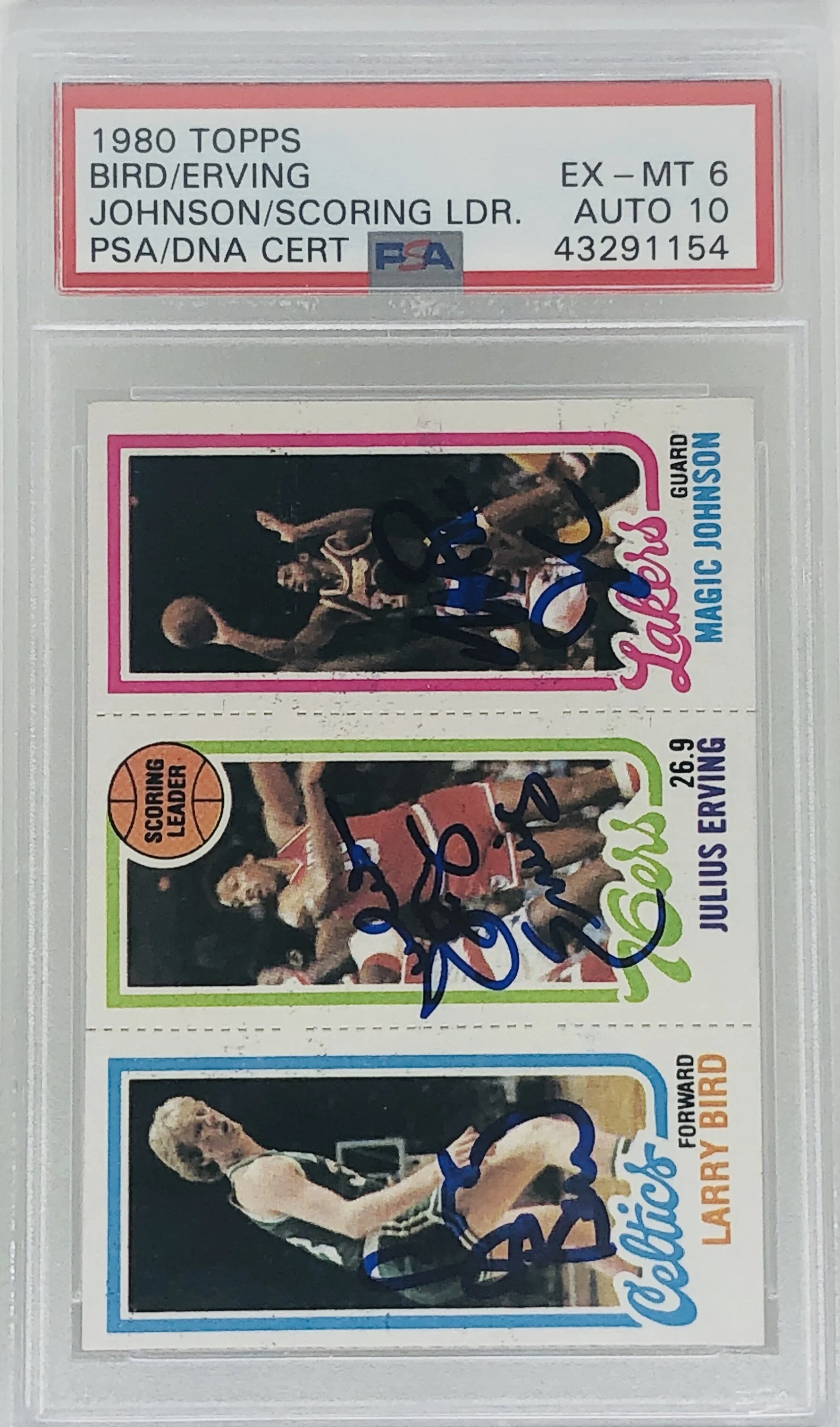1980 Topps Magic Johnson Larry Bird Julius Erving PSA 6 with 10 AUTO Amazing!