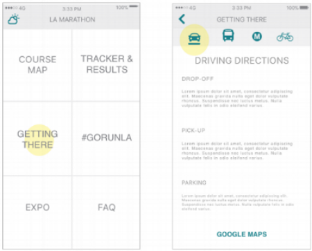 We redesigned home screen by adding a "getting there" feature so users can easily sort through the modes of transportation and find the most convenient way to the marathon.