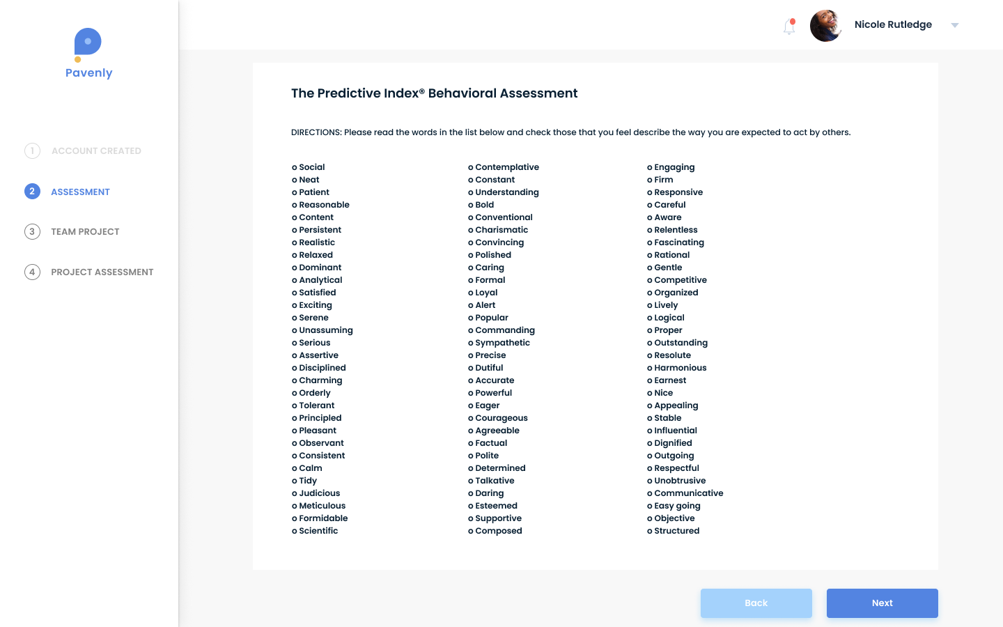 Behavioral Assessment: Candidates select adjectives that best describe themselves.