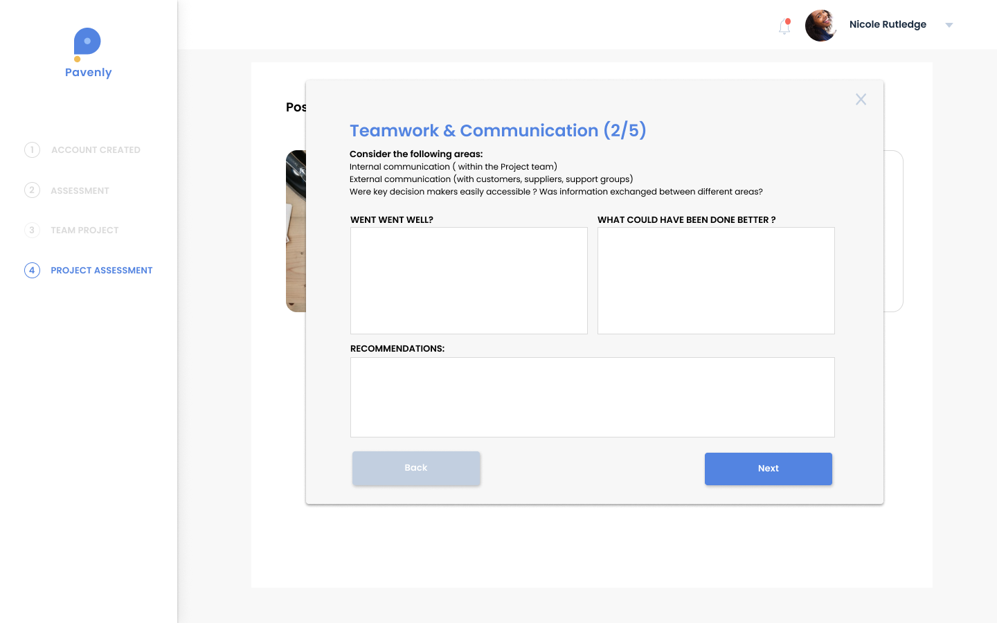 Post Project Assessment: Prompts candidates to answer questions related to the project experience and working in a team setting.