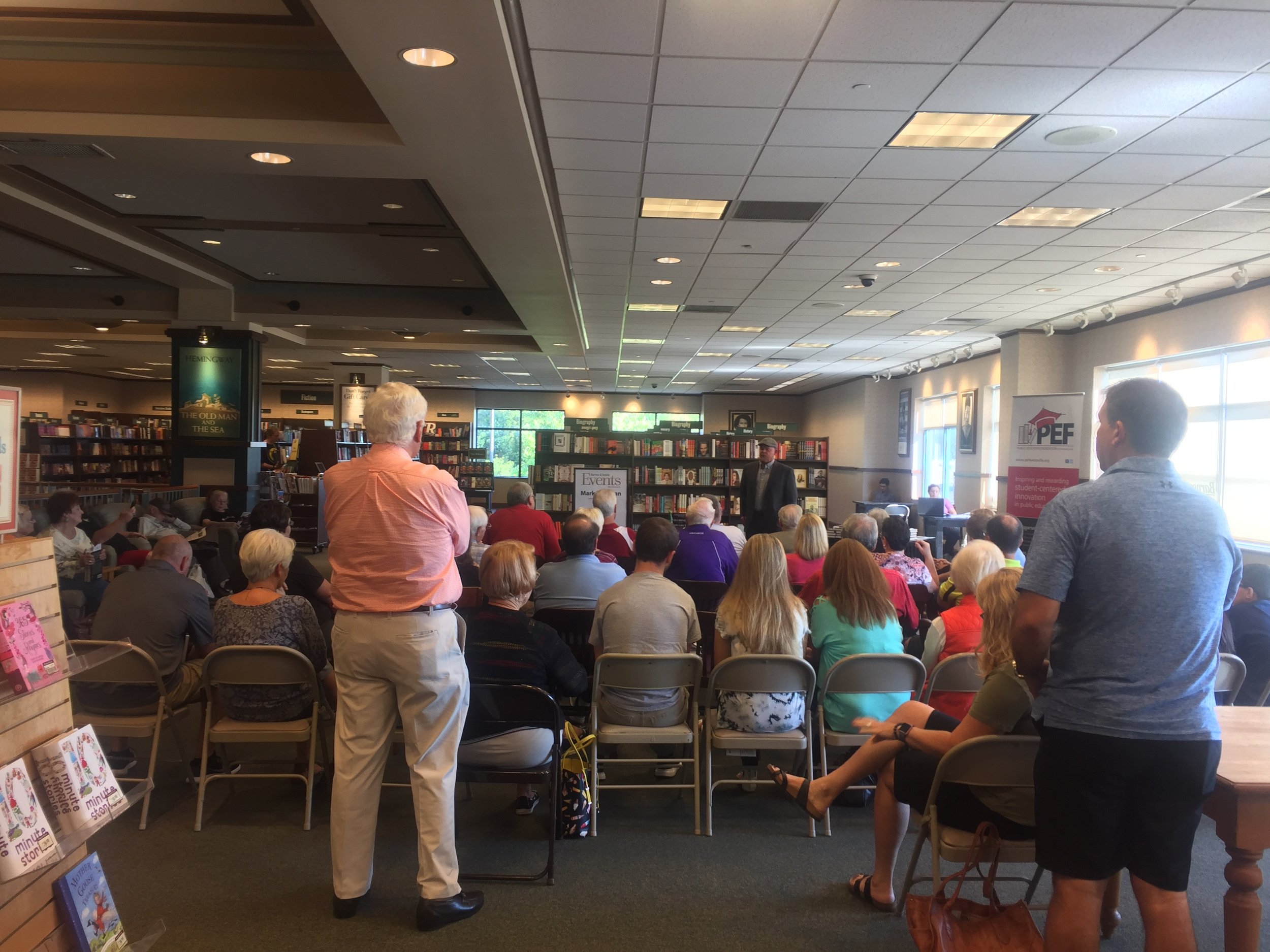 Standing Room Only at the Evansville Barnes &amp; Noble. The man in the pink shirt is a very special guest, by the way: My Evansville Central High School Journalism teacher, Edwin Cole. One of the all-time greats! So nice to see him and his wife Sha