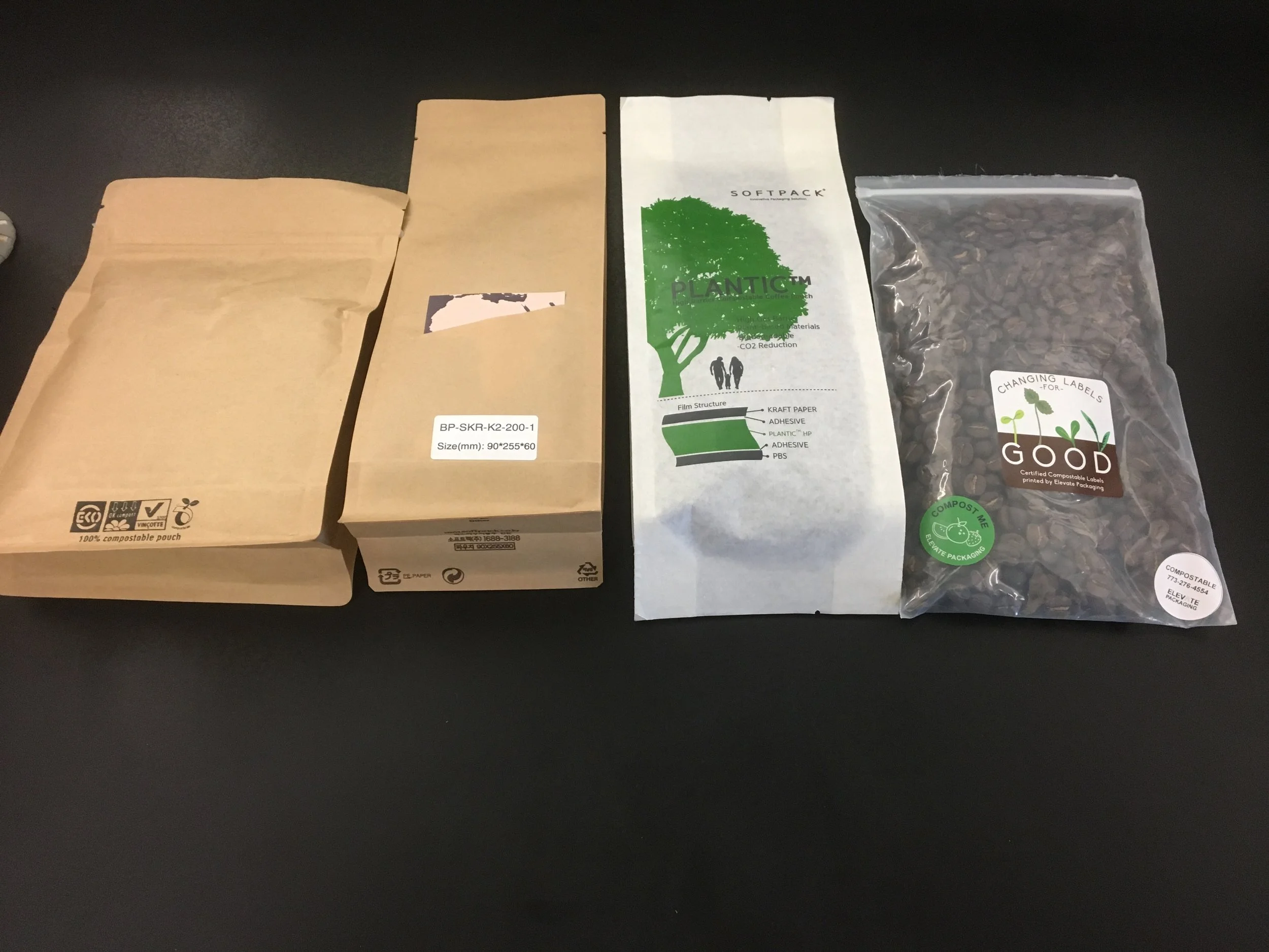 Some of the packaging KS Coffee has put through oxygen, heat sealing, and composting testing.