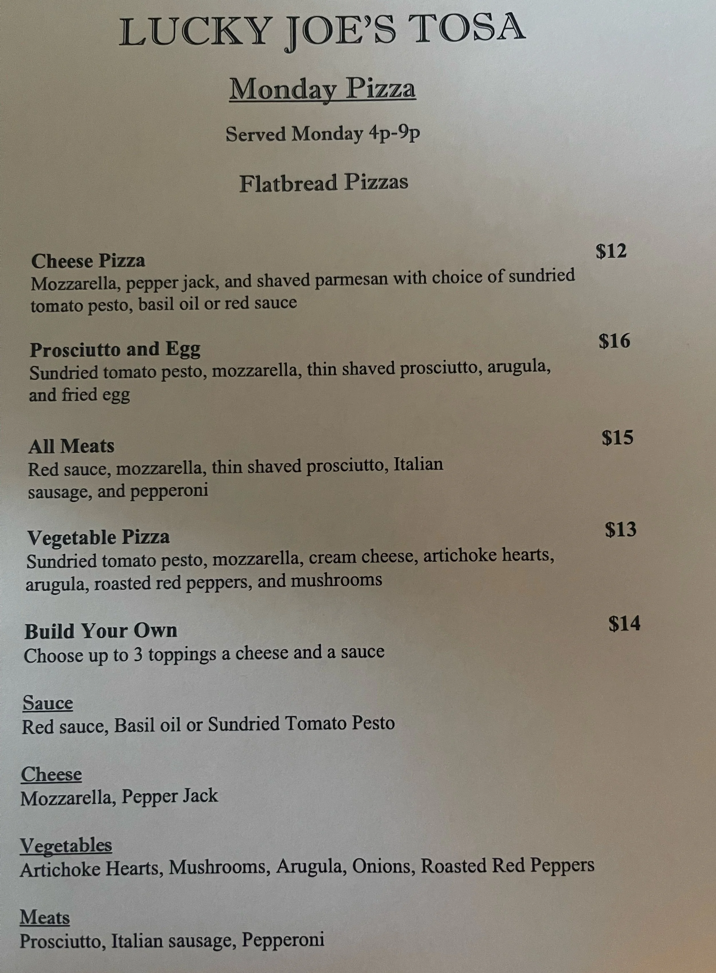 Daily Specials Lucky Joe s Tosa