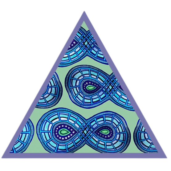 Triangular puzzle with intricate blue and green maze pattern design.