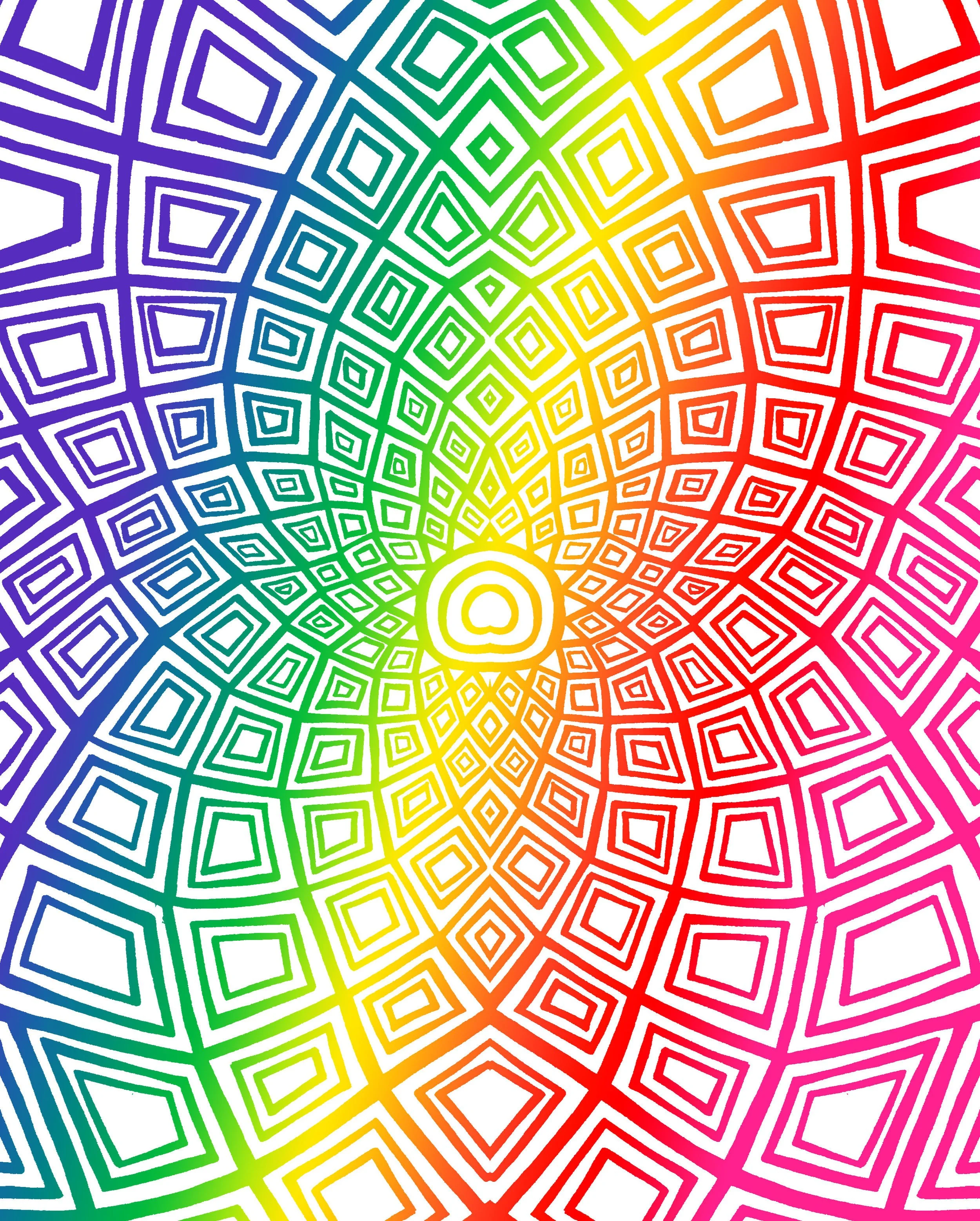 Colorful geometric pattern with concentric diamonds radiating outward in rainbow colors from the center