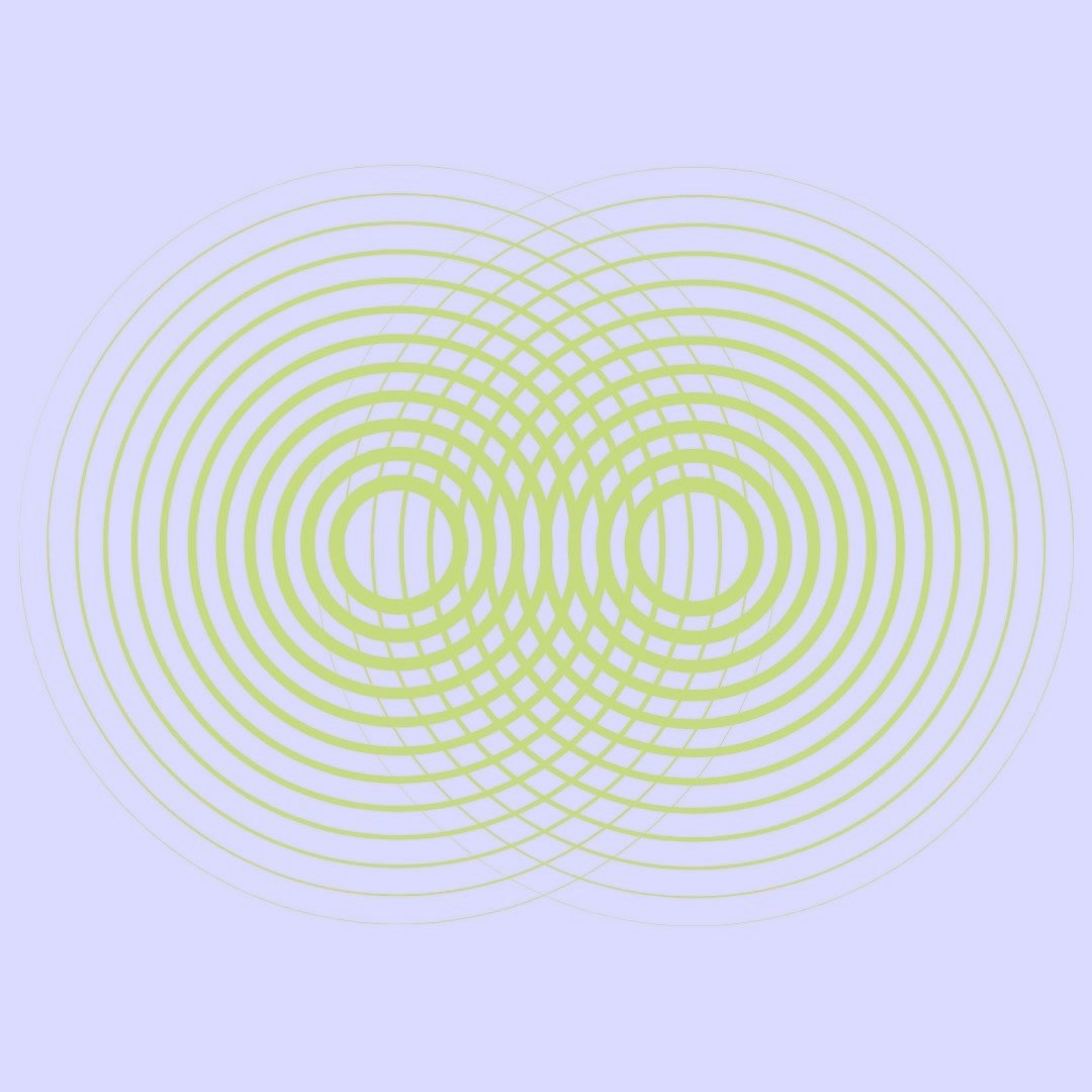 A digital pattern of concentric circles and intersecting curves in light green on a light purple background.