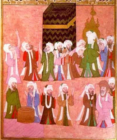 Mohammed at the Kaaba. Miniature from the Ottoman Empire, c. 1595.