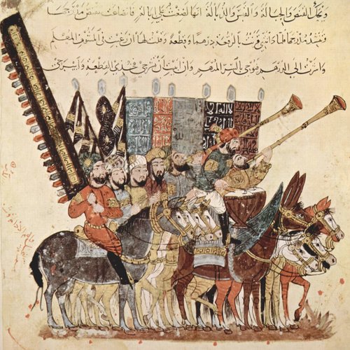 A troop of spectators on horseback and with inscribed banners watching a procession. Illustration from the seventh Maqama of al-Hariri of Basra in a 13th-century manuscript (BNF ms. arabe 5847).