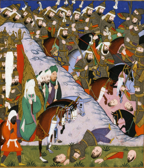 Miniature from volume 4 of a copy of Mustafa al-Darir’s Siyar-i Nabi (Life of the Prophet) ”The Prophet Muhammad and the Muslim Army at the Battle of Uhud” Turkey, Istanbul; c. 1594
