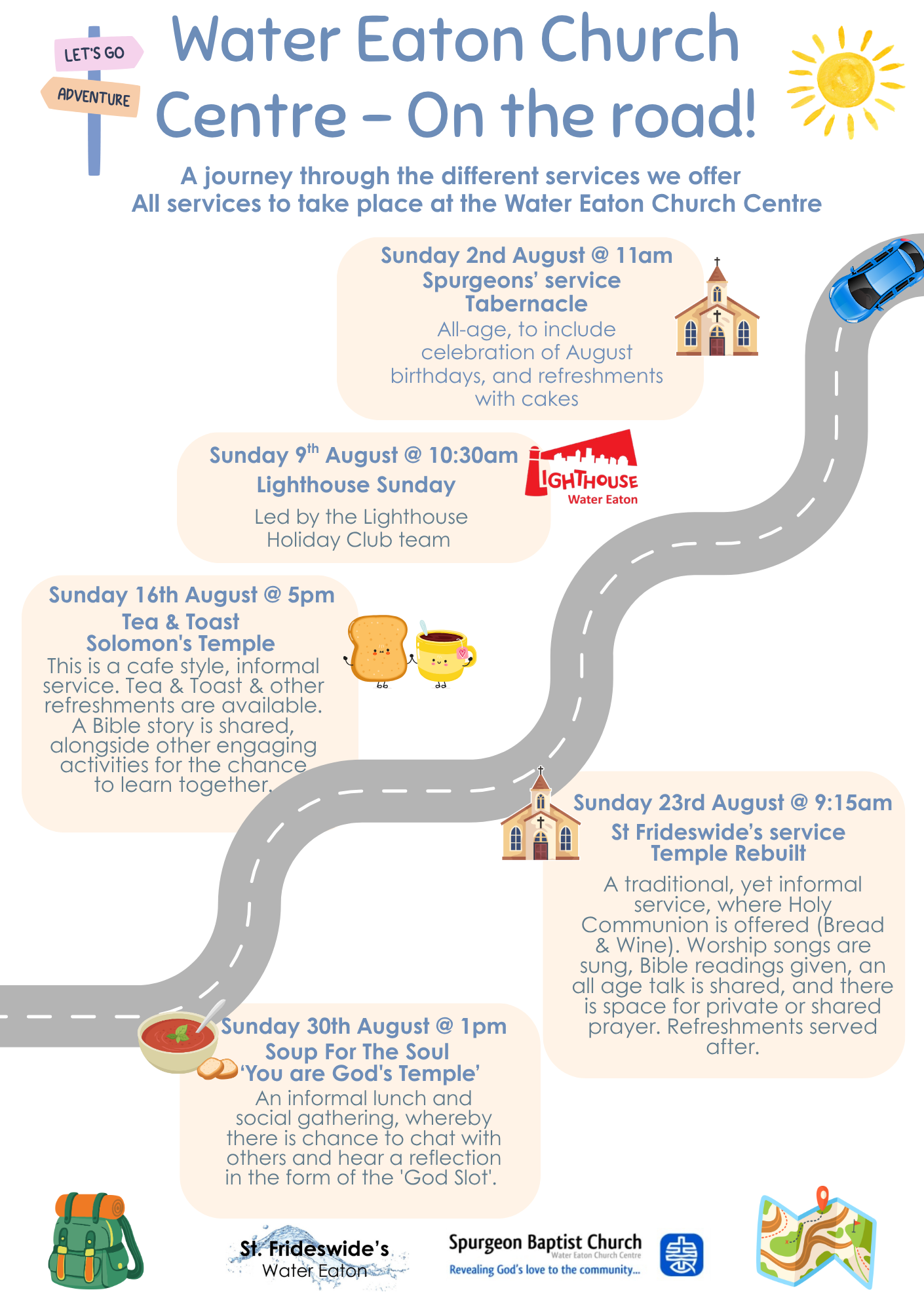 Water Eaton Church Centre - On the road! A journey through the different services we offer. Picture of a windy road with a car at the top starting its journey. Each stop is a service we offer.  Water Eaton Church Centre, MK2 3RR.
