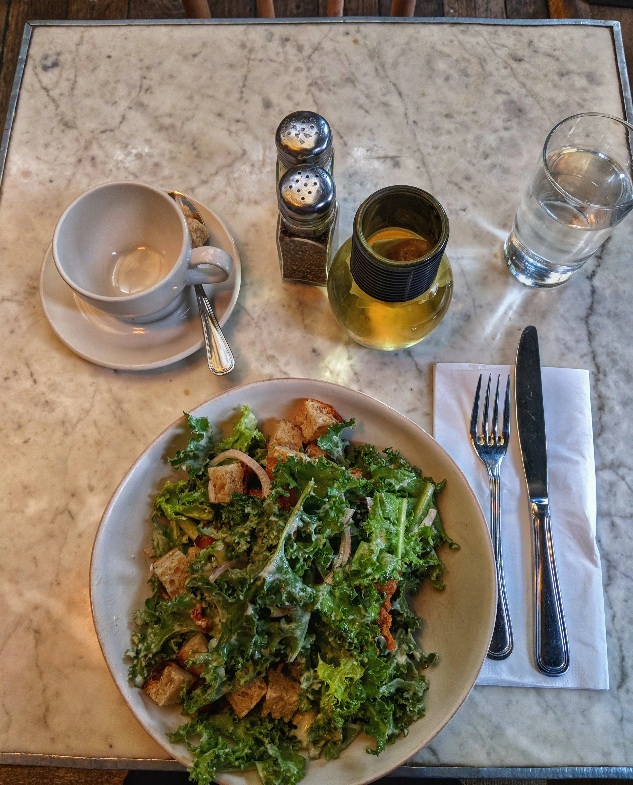 Delicious Chicory and Fried Chicken Salad with chamomile tea from Cafe Colette in Brooklyn, NY.