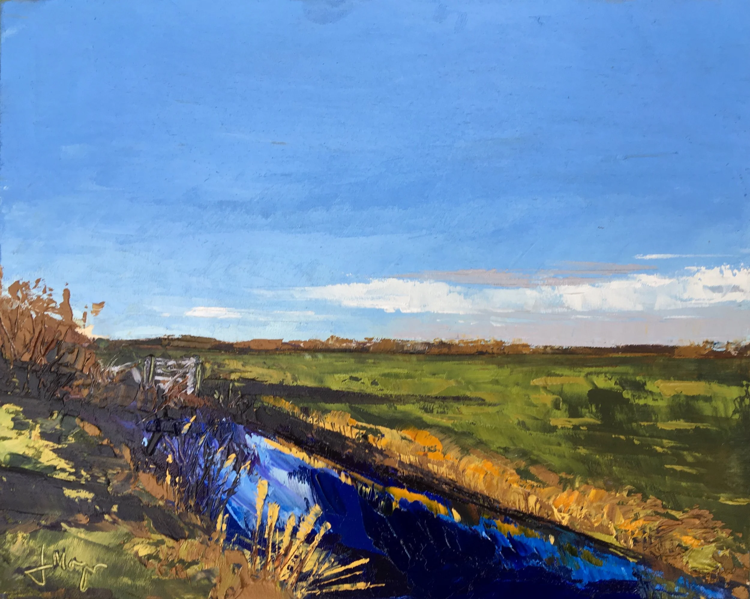 Drainage ditches reflect the sky