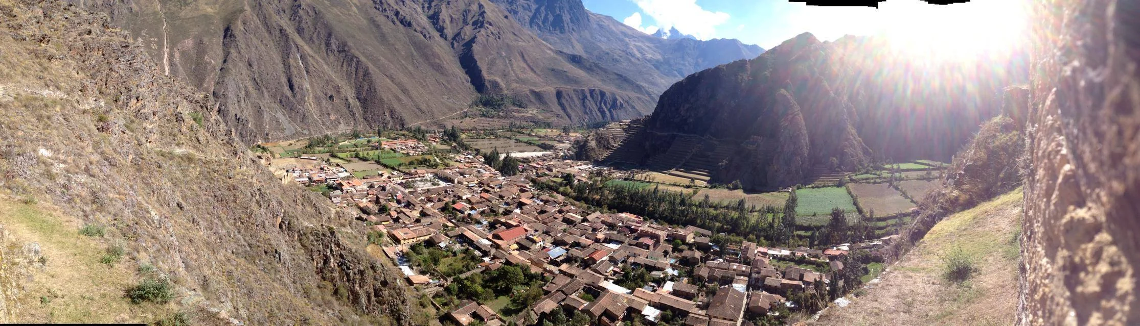 Olantaytambo...the ruins are on the bottom left of the escarpment in the middle-ground