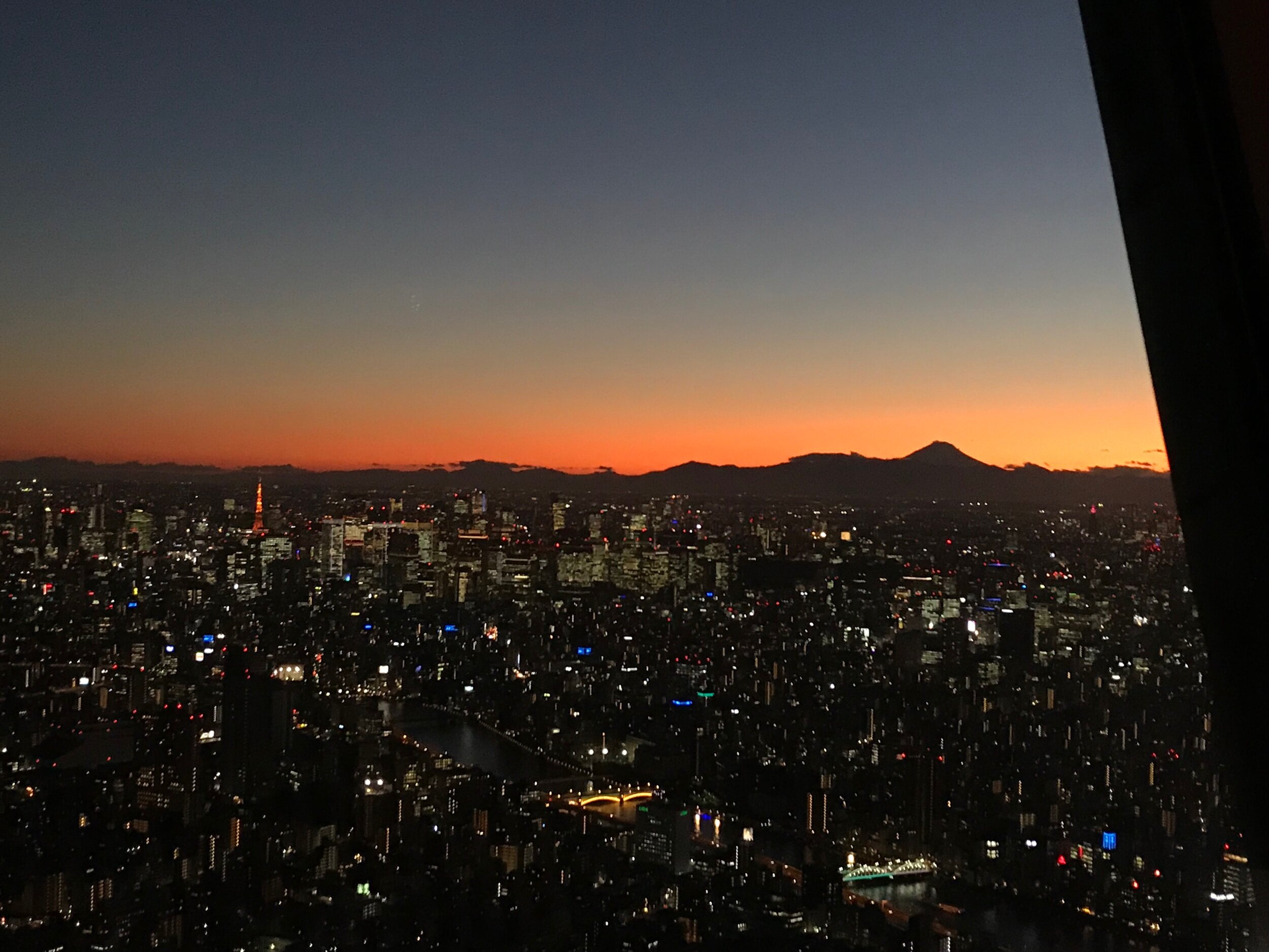 Sunset from the Tower, Fuji on the skyline.