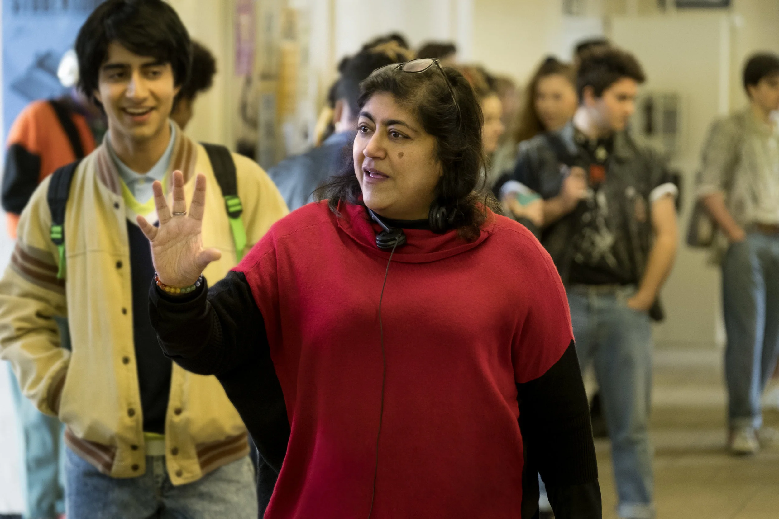 (L-r) VIVEIK KALRA and director GURINDER CHADHA on the set of New Line Cinema’s inspirational drama BLINDED BY THE LIGHT, a Warner Bros. Pictures release. Copyright: © 2019 WARNER BROS. ENTERTAINMENT INC. Photo Credit: Nick Wall