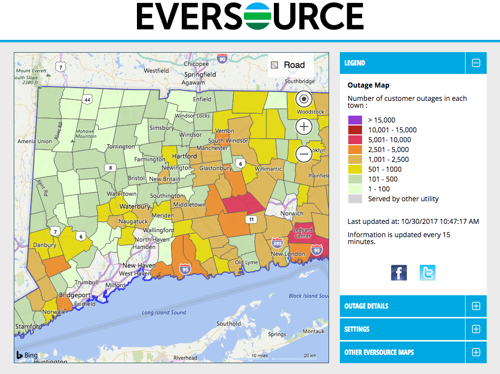 A map showing the number of Eversource Energy customers in Connecticut without power as of 10:47 a.m. Monday. 