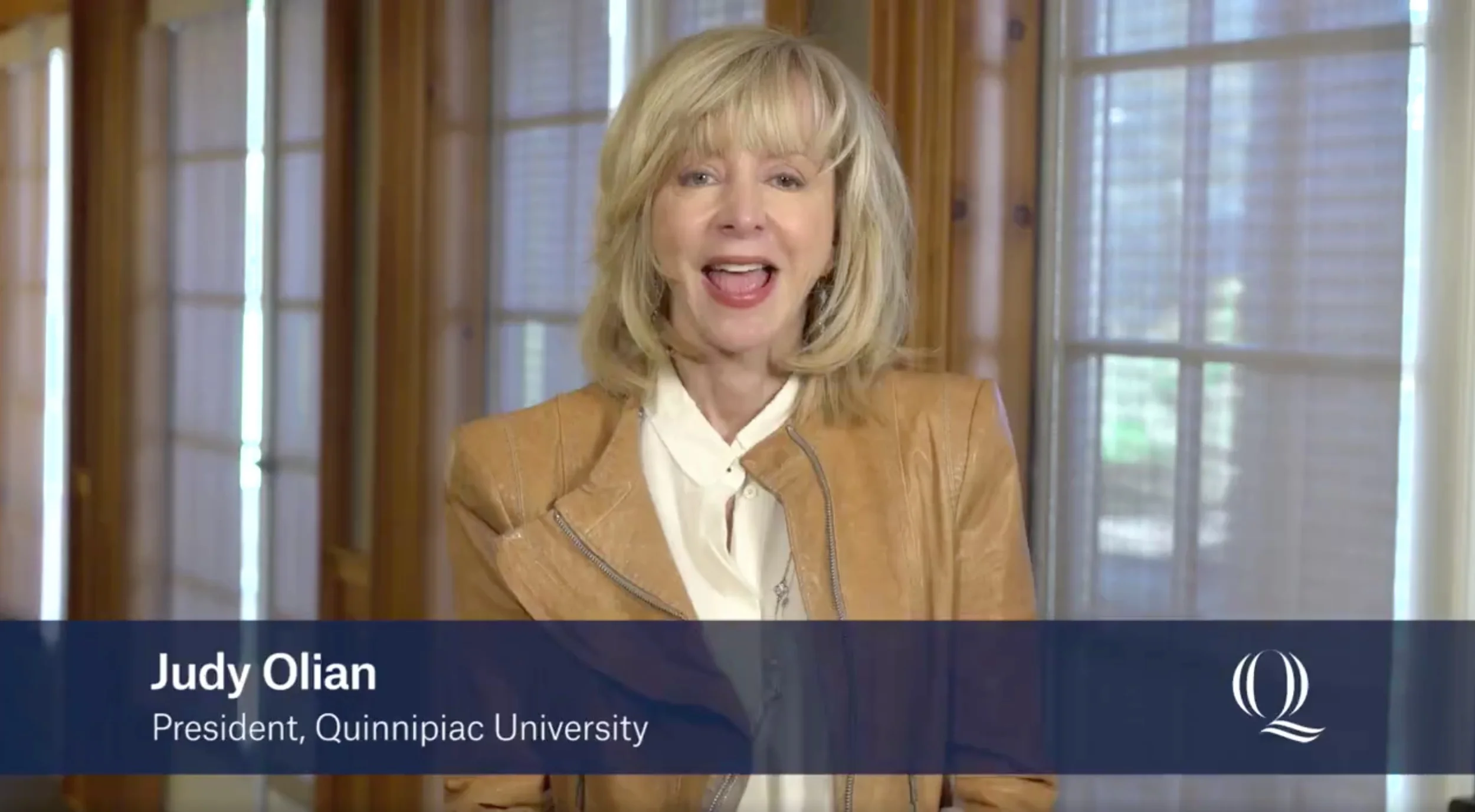 President Judy Olian in a recent video explaining what to look forward to in the coming months and years at Quinnipiac. Screenshot via Quinnipiac University.