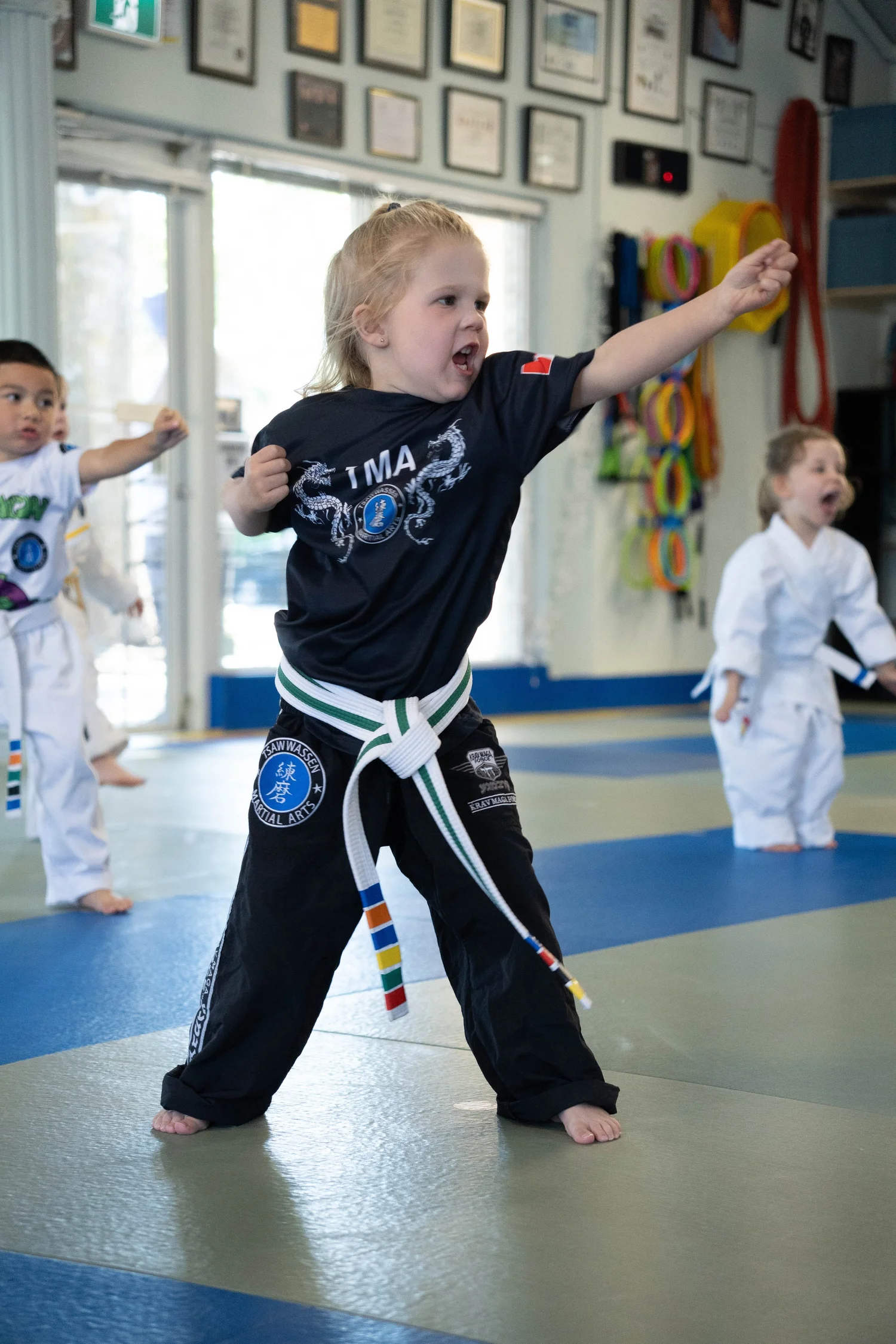 Young martial arts student practising during class
