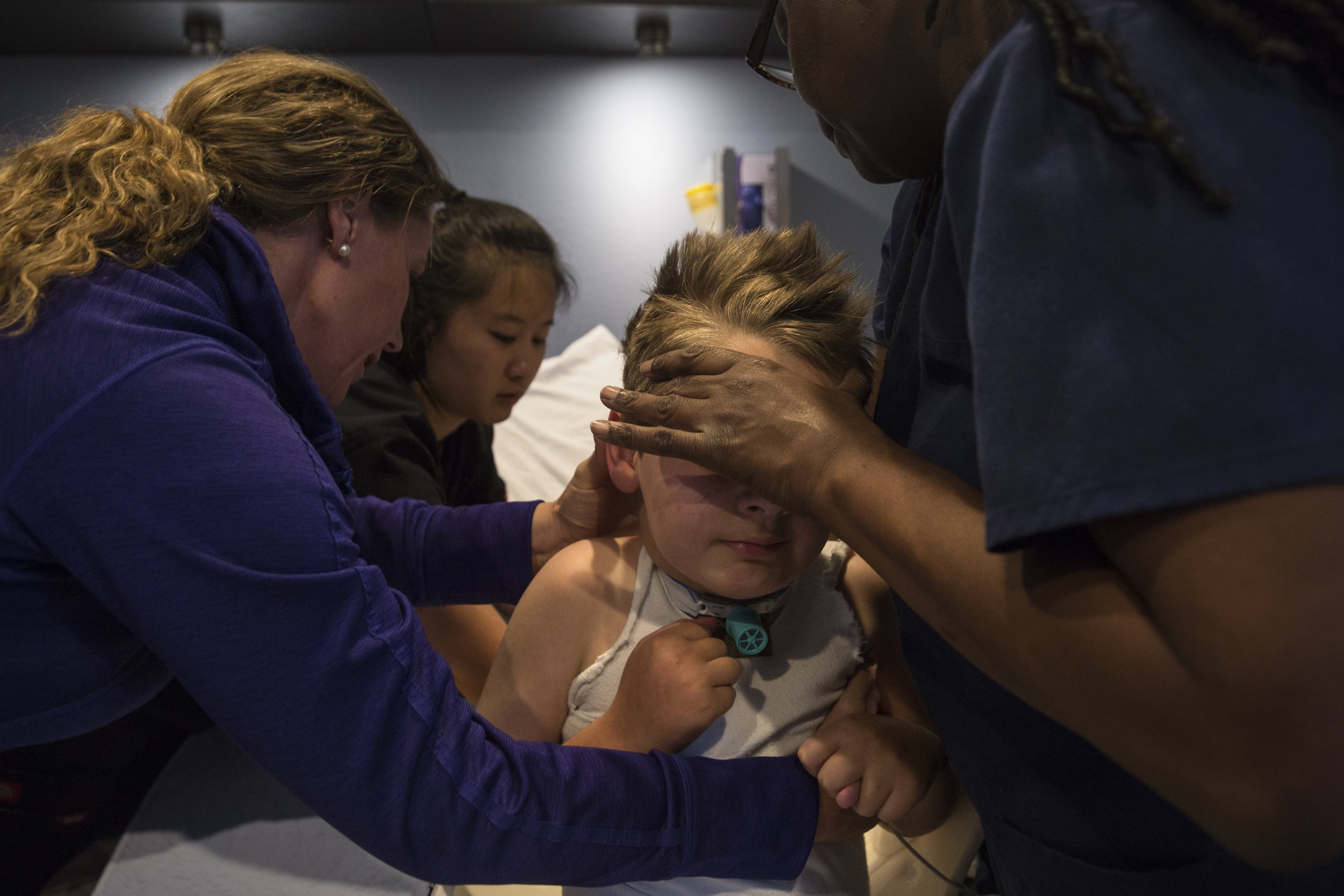  On Oct. 26, 2017, friends of the family helped lift 10-year-old Ben Sears from his bed and into a standing device. Sears, who was hit by a truck one year before, suffered a traumatic brain injury and can no longer stand, sit, or walk on his own.&nbs